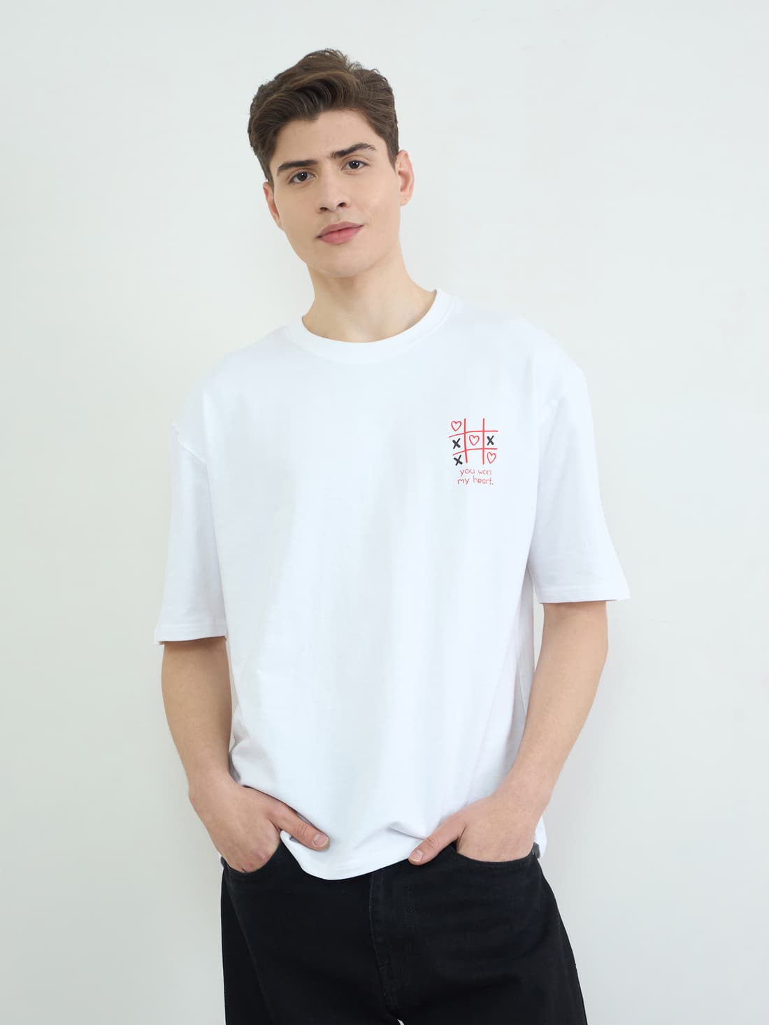 Men's White Casual Front Chest Embroidered Oversized Fit Terry Tshirt