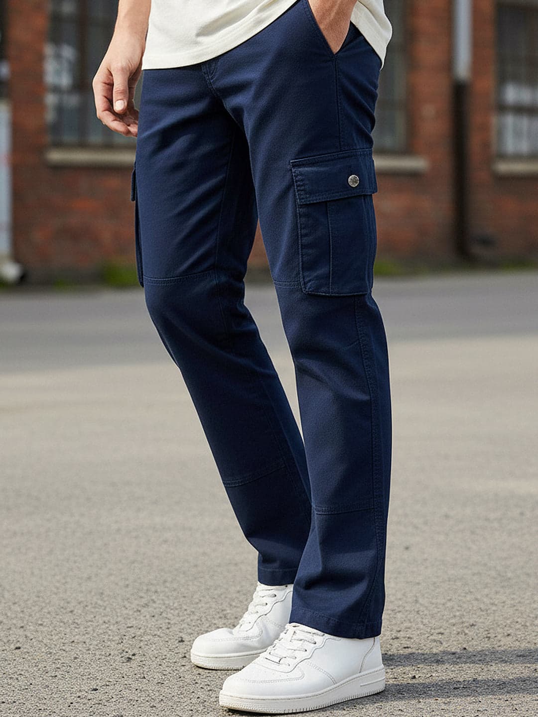 Men's Navy Casual Regular Fit Solid Mid Rise Cargo