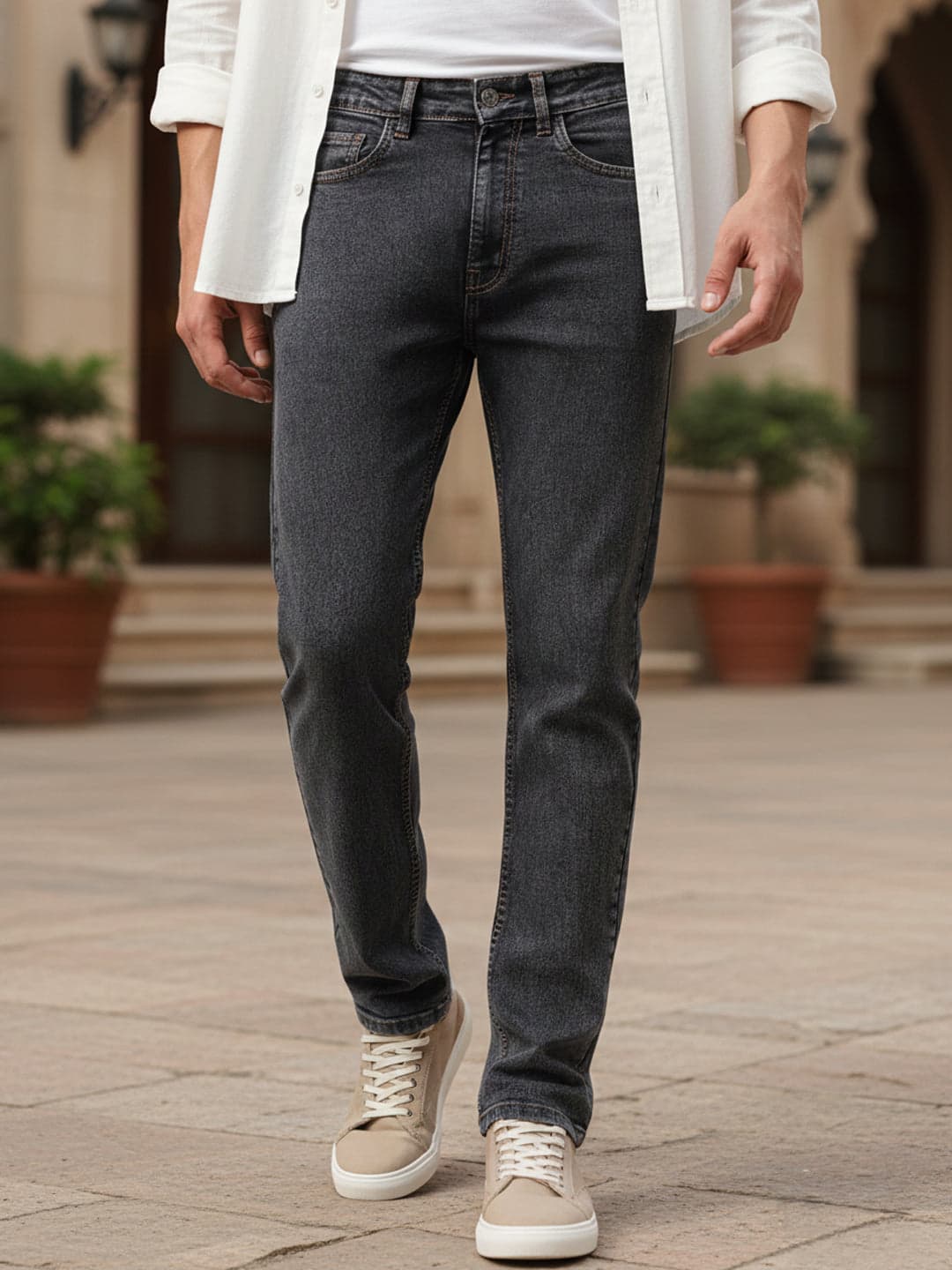 Men's Grey Casual Regular Fit Solid Mid Rise Jeans