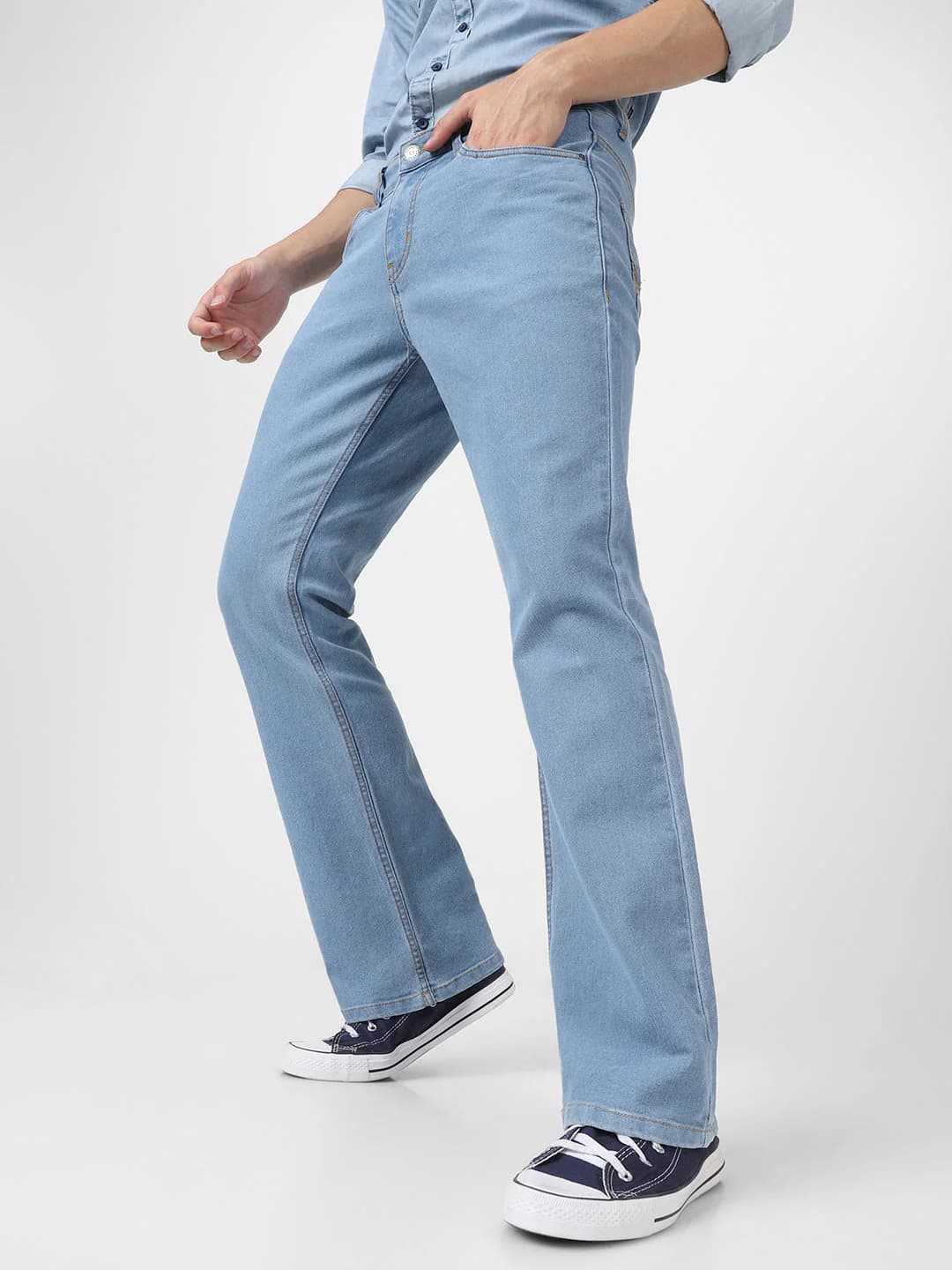 Men's Blue Casual Bootcut Fit Solid Mid Rise Jeans