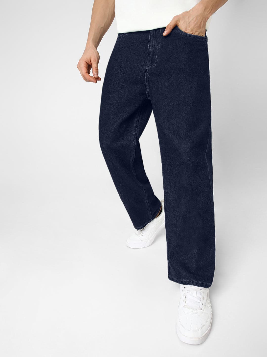 Men's Blue Casual Baggy Fit Solid Mid Rise Jeans