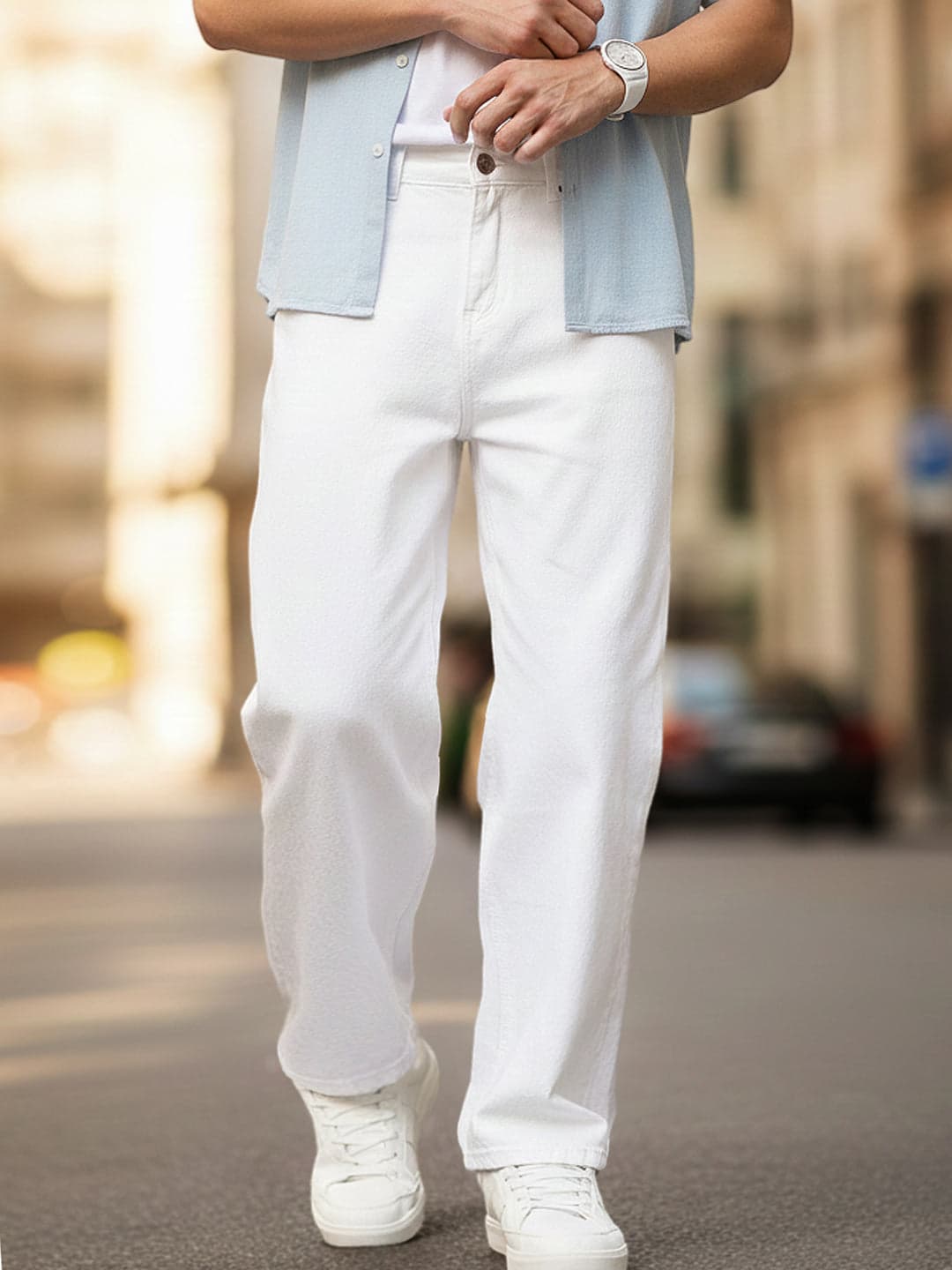 Men's White Casual Baggy Fit Solid Mid Rise Jeans