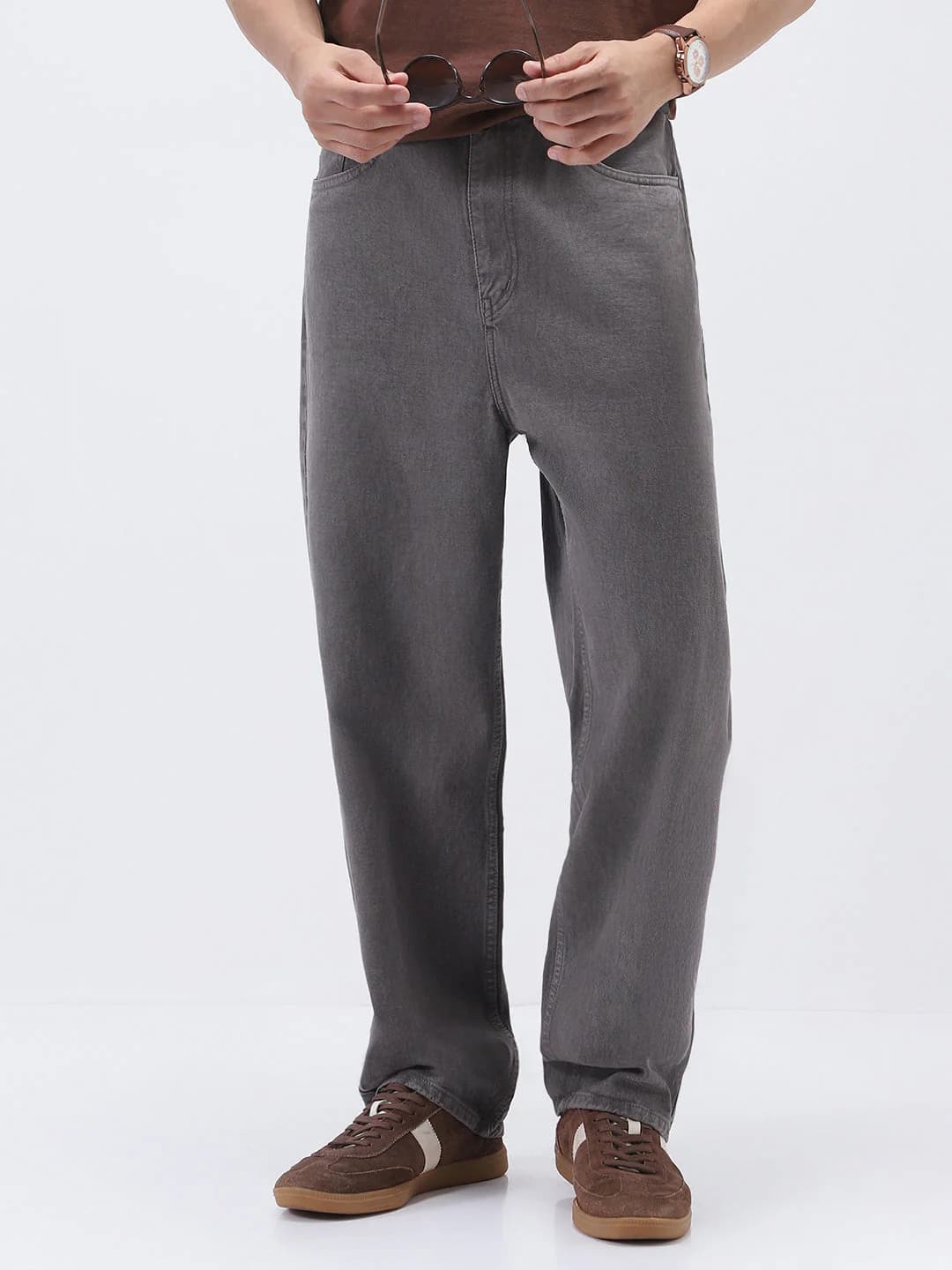 Men's Grey Casual Baggy Fit Solid Mid Rise Jeans