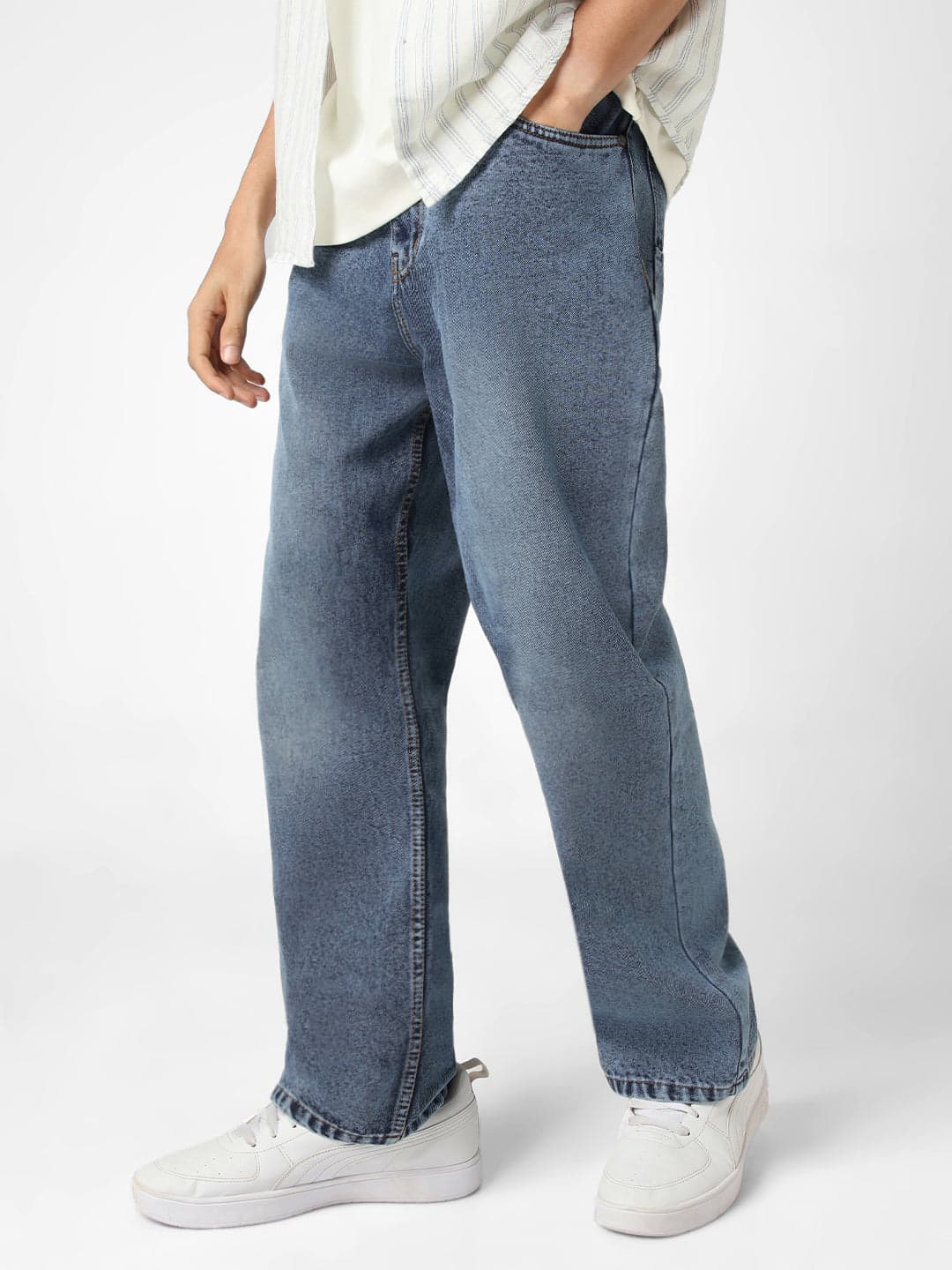 Men's Blue Casual Baggy Fit Solid Mid Rise Jeans