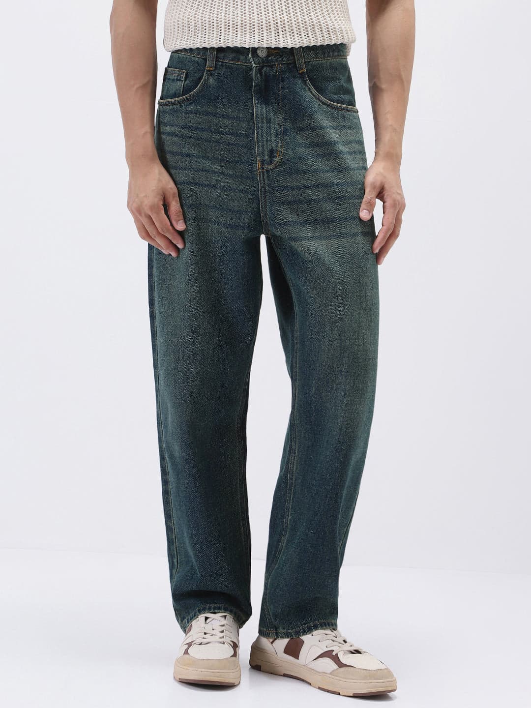 Men's Blue Casual Baggy Fit Solid Mid Rise Jeans