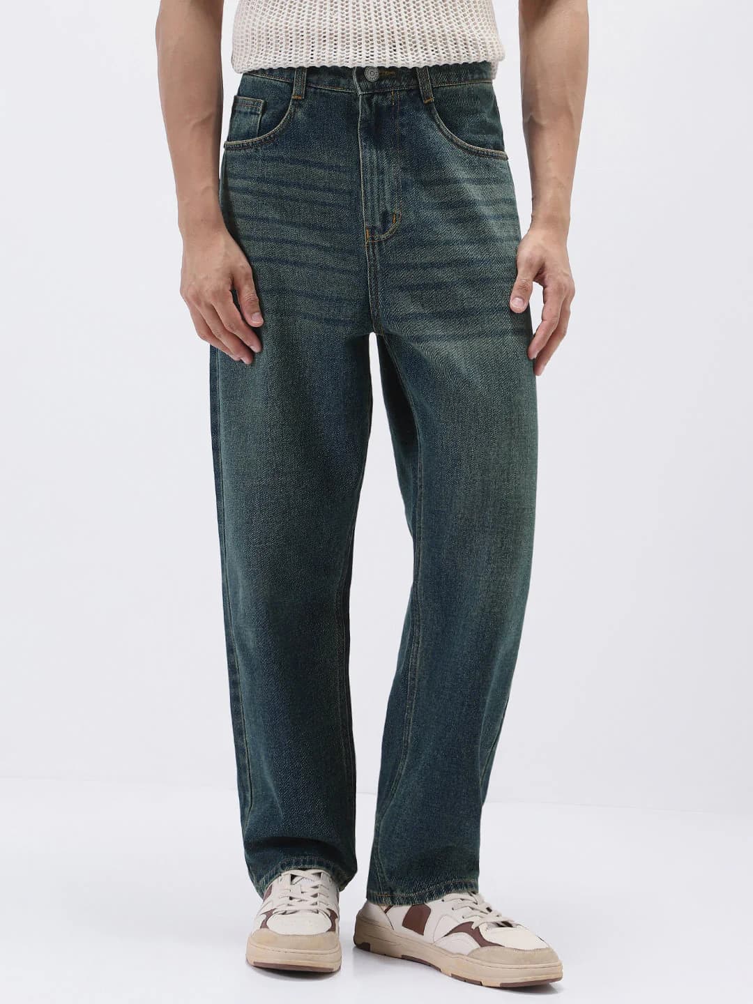 Men's Blue Casual Baggy Fit Solid Mid Rise Jeans
