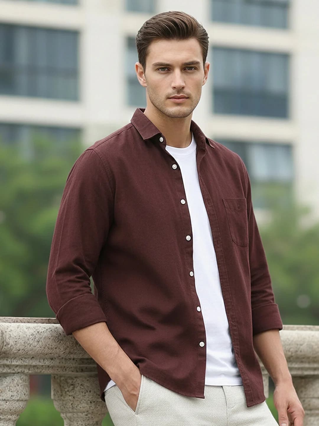 Men's Brown Full Sleeves Regular Fit Casual Solid Cotton Shirt