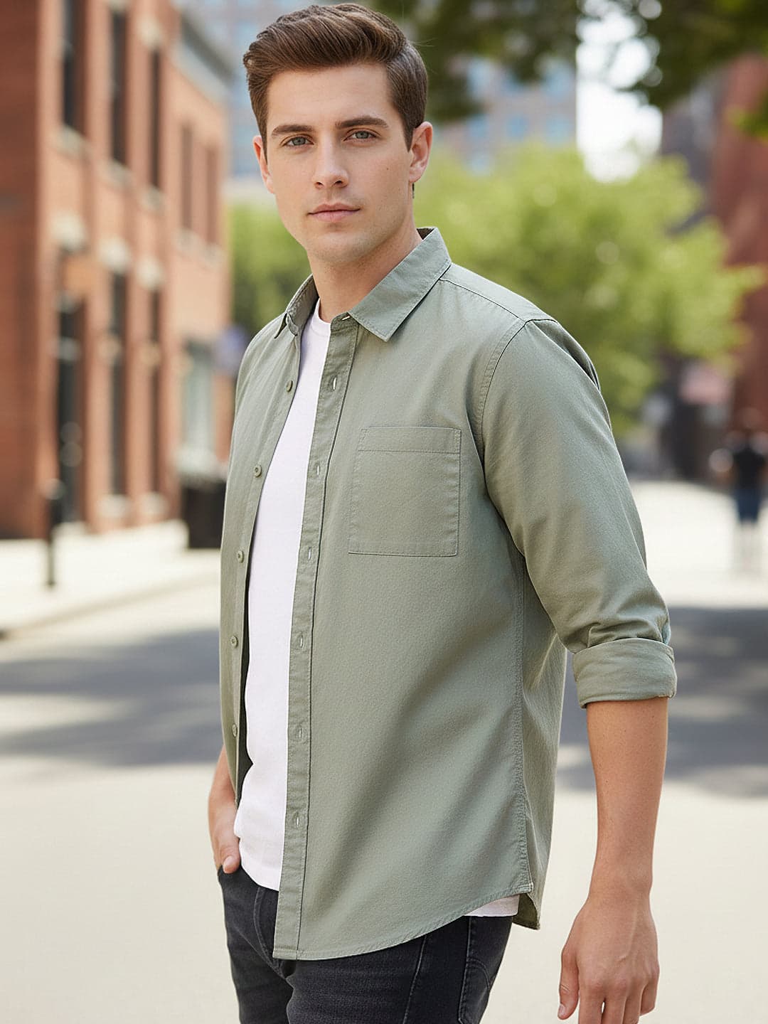 Men's Green Cotton Full Sleeves Regular Fit Casual Solid Shirt