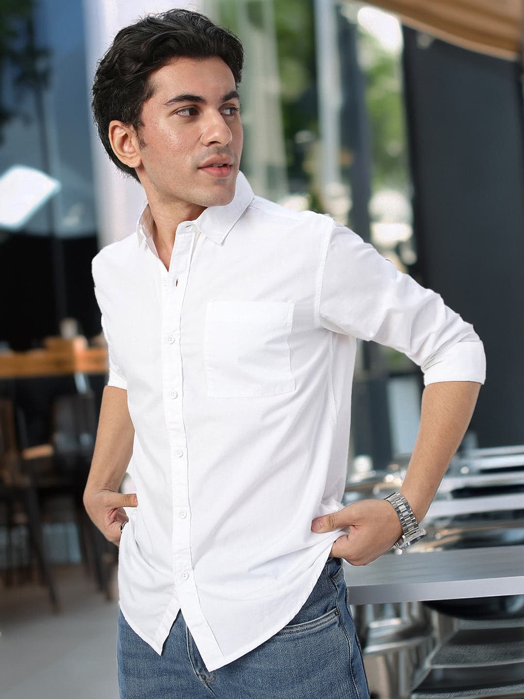 Men's White Cotton Full Sleeves Regular Fit Casual Solid Shirt