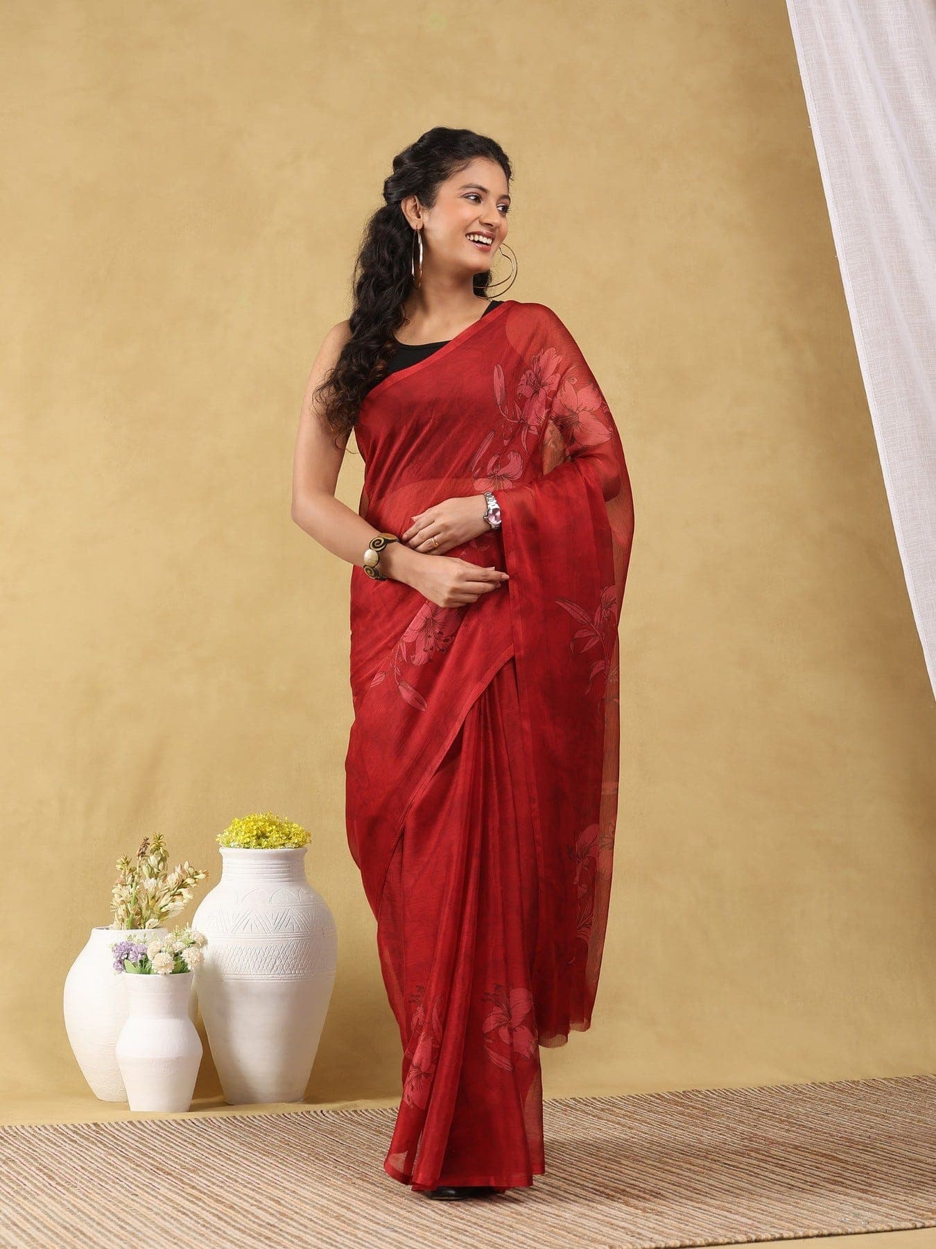 Women's Red Festive Floral Saree