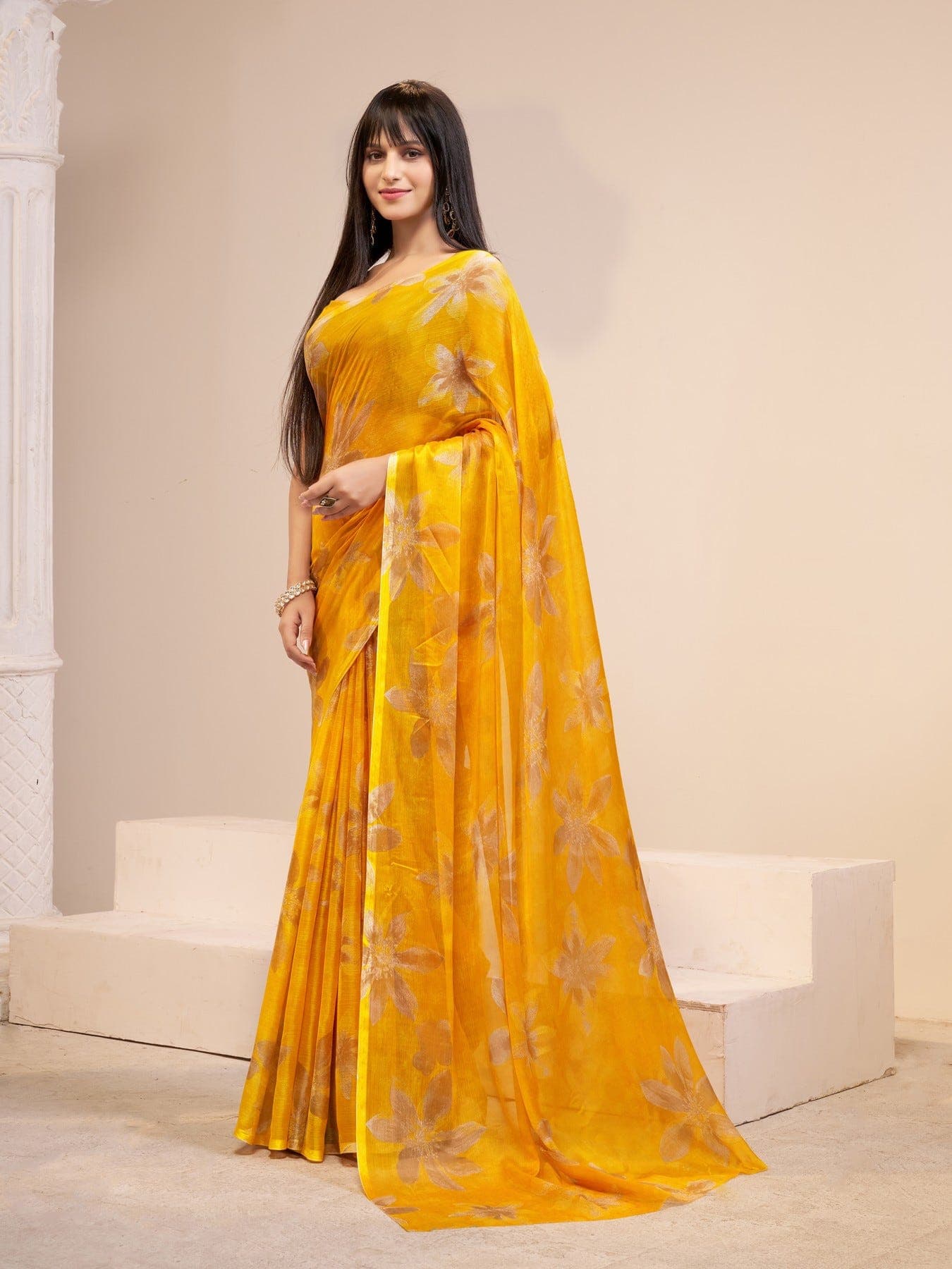 Women's Yellow Festive Floral Saree