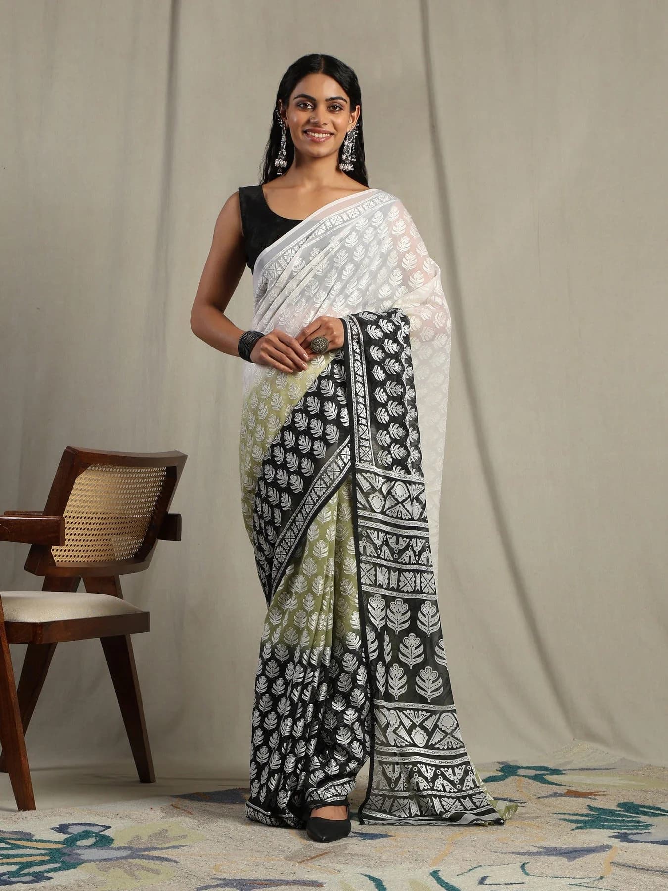Women's Black Festive Floral Saree