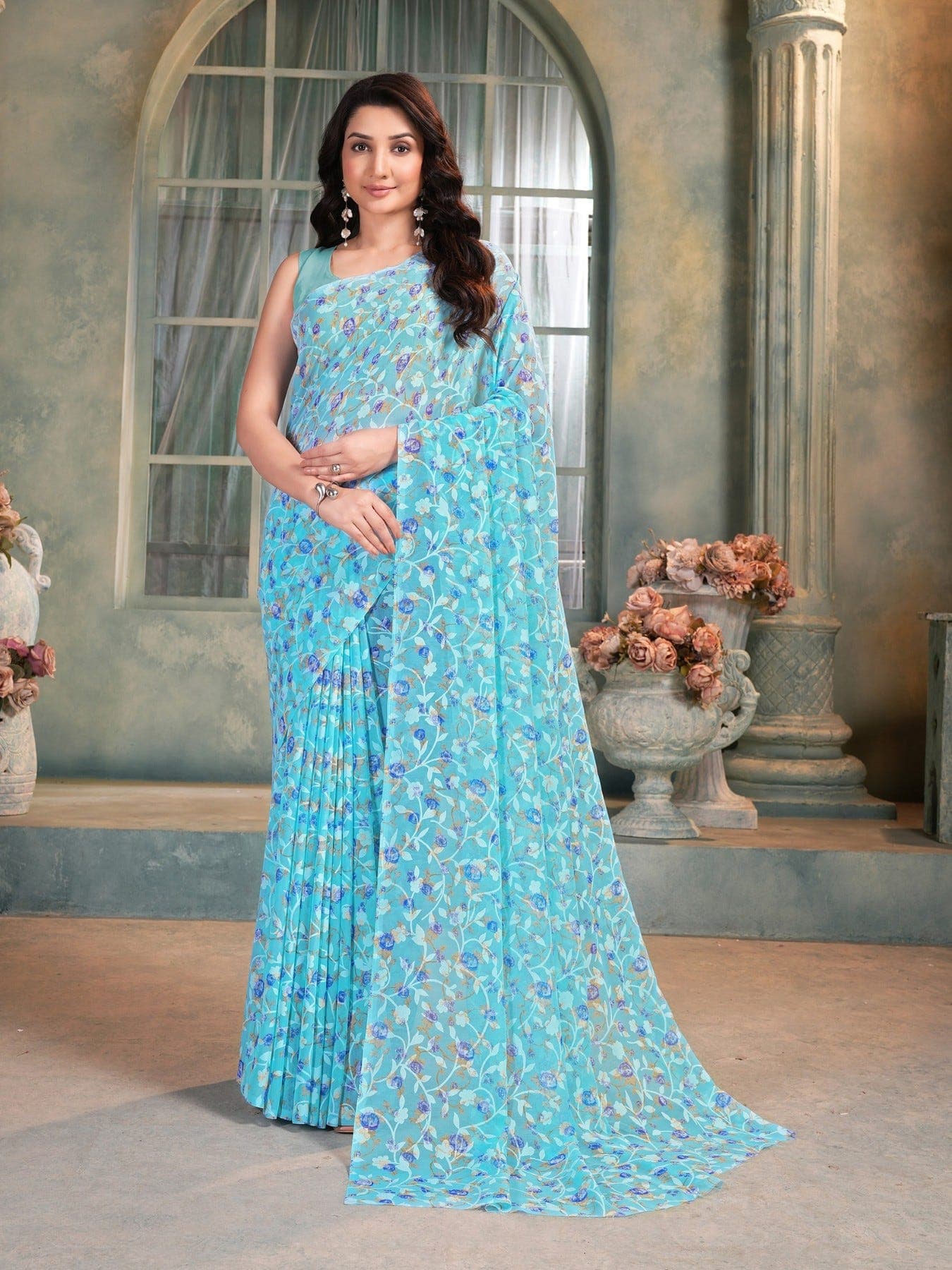 Women's Blue Festive Floral Saree