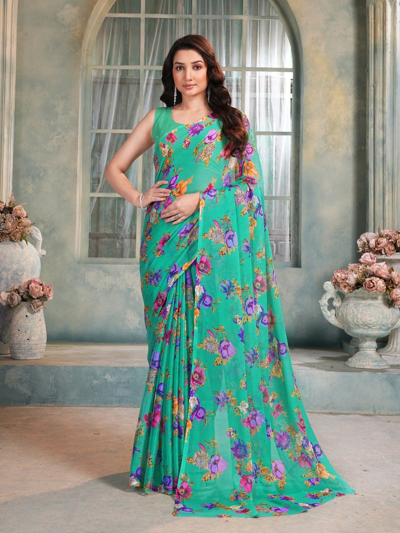 Women's Green Festive Floral Saree