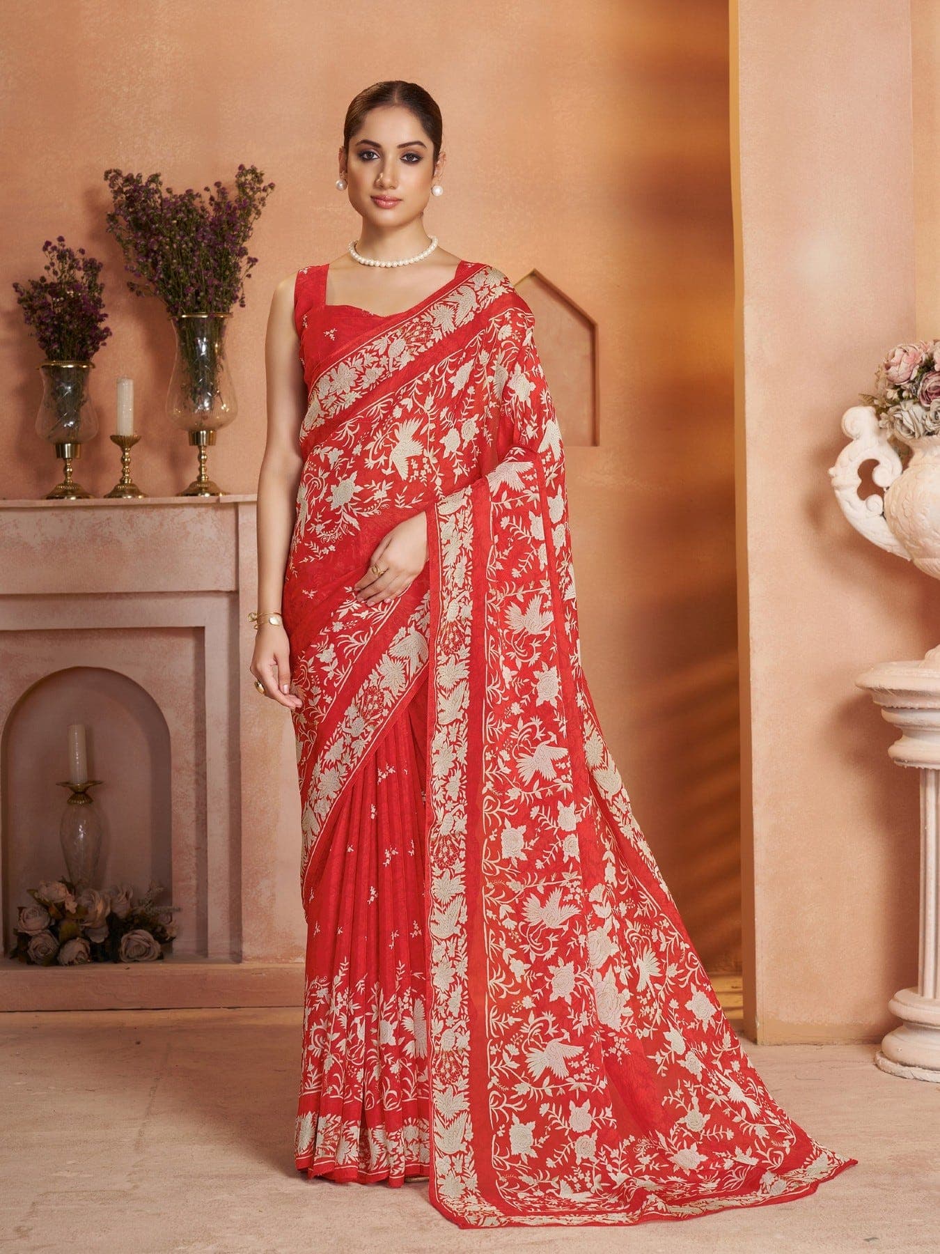 Women's Red Festive Floral Saree