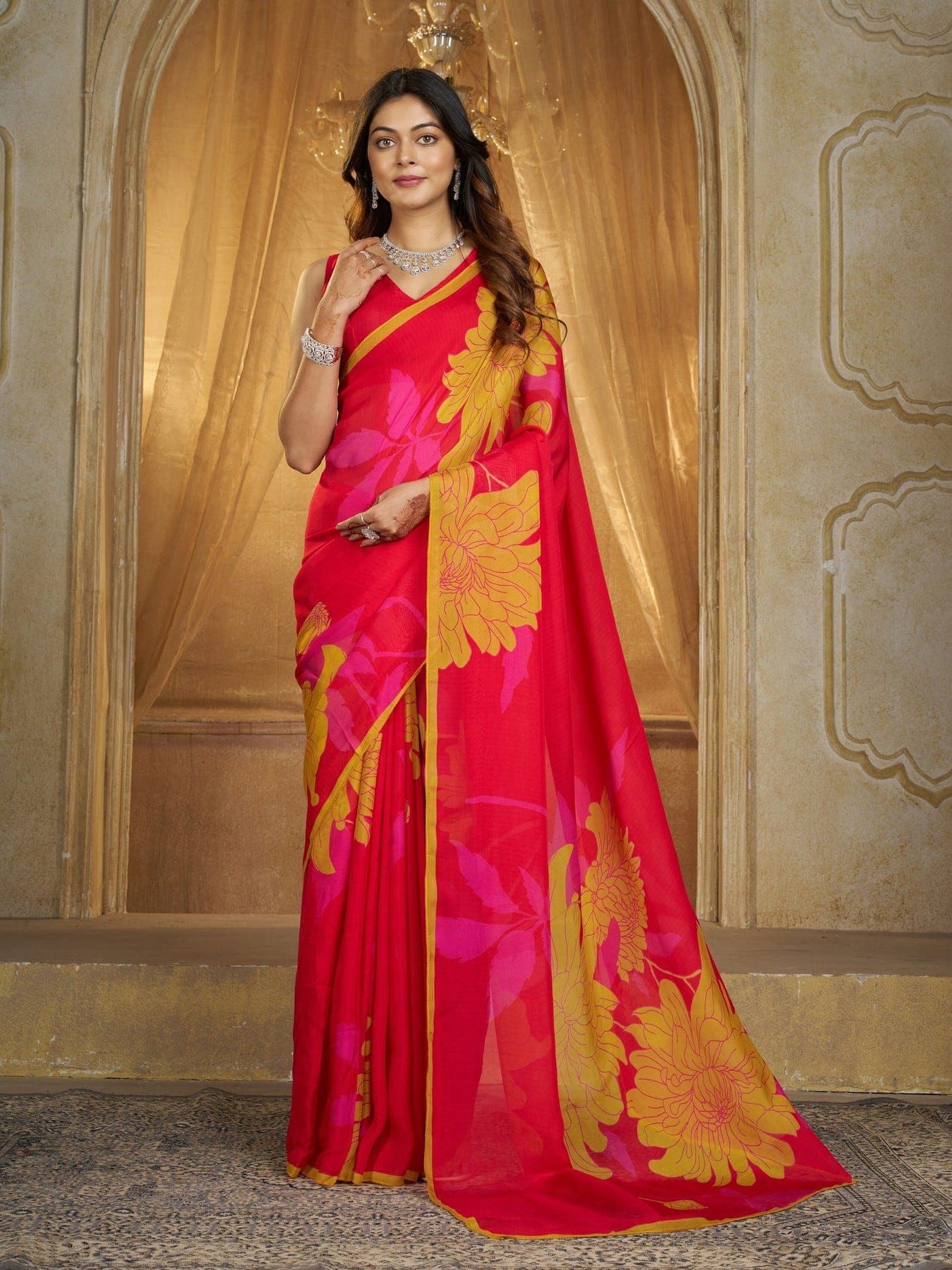 Women's Red Festive Floral Saree