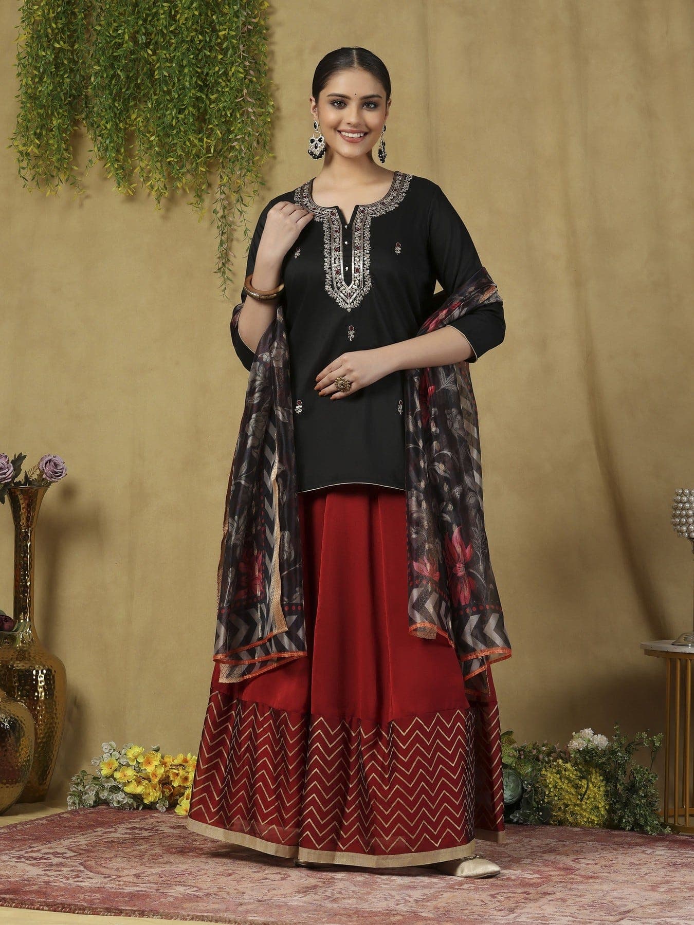 Women's Black Party Three Quarter Sleeves Lehenga Choli With Dupatta