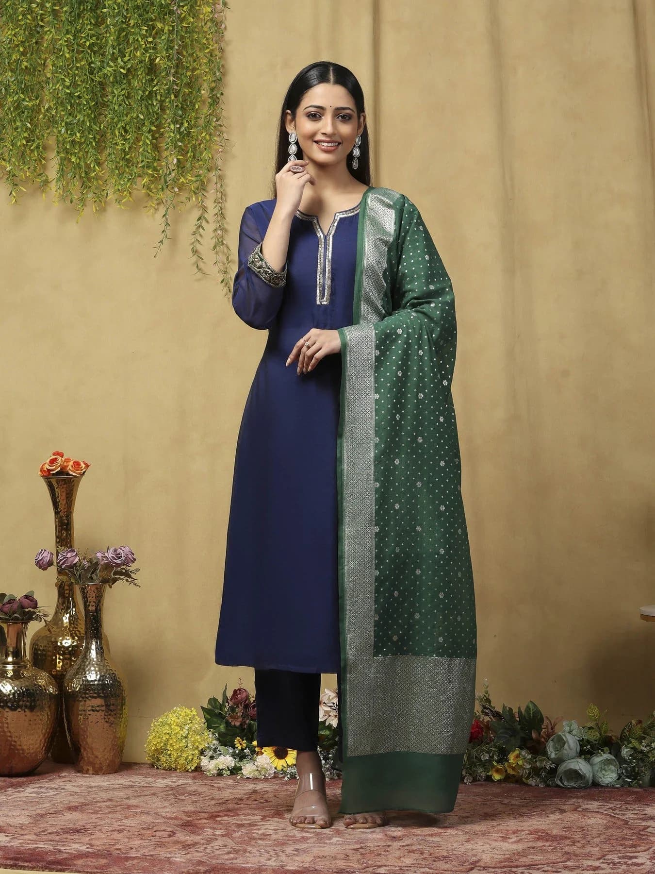 Women's Blue Party Three Quarter Sleeves Kurta Sets With Dupatta