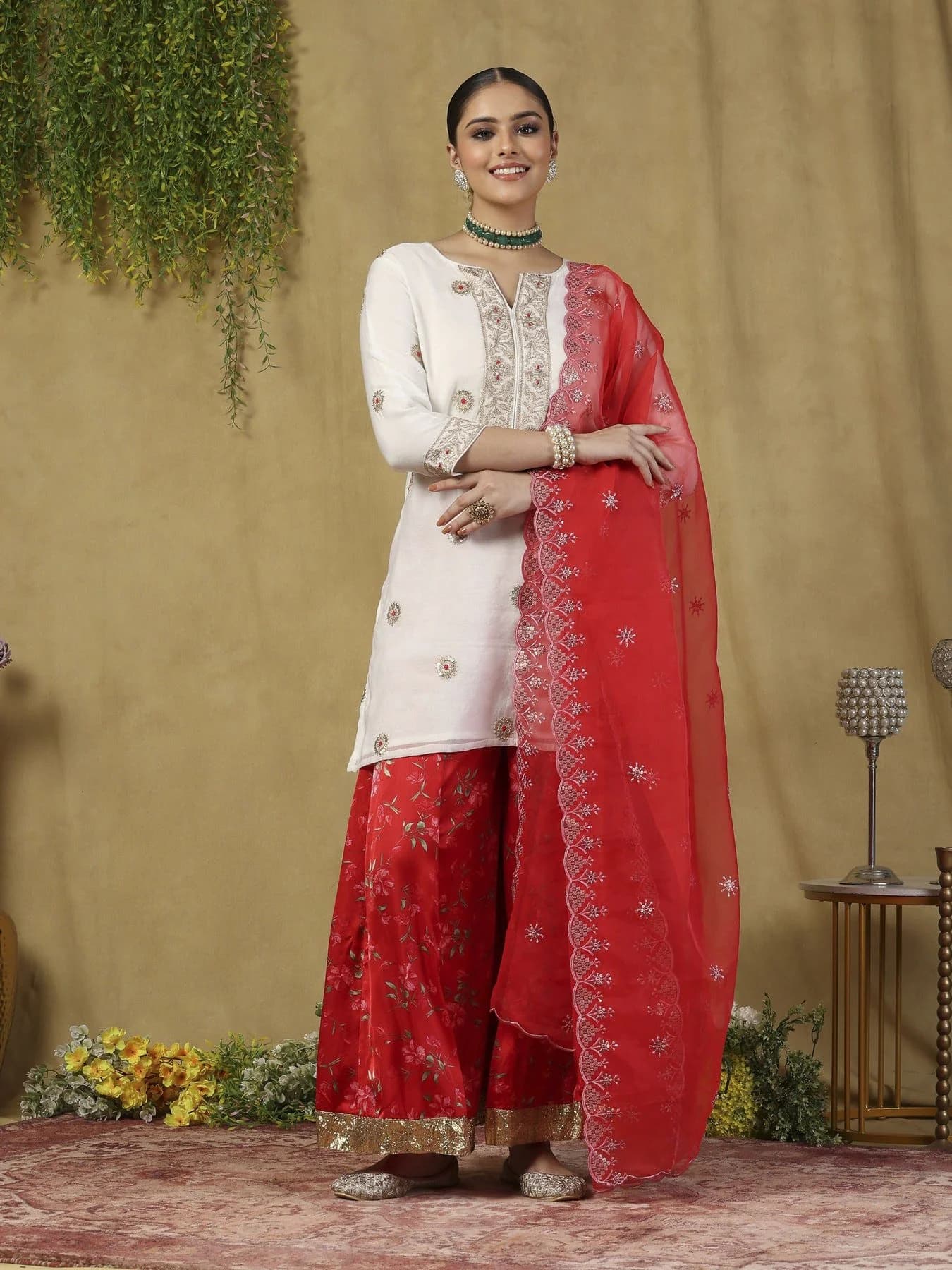 Women's Red Party Three Quarter Sleeves Kurta Sets With Dupatta