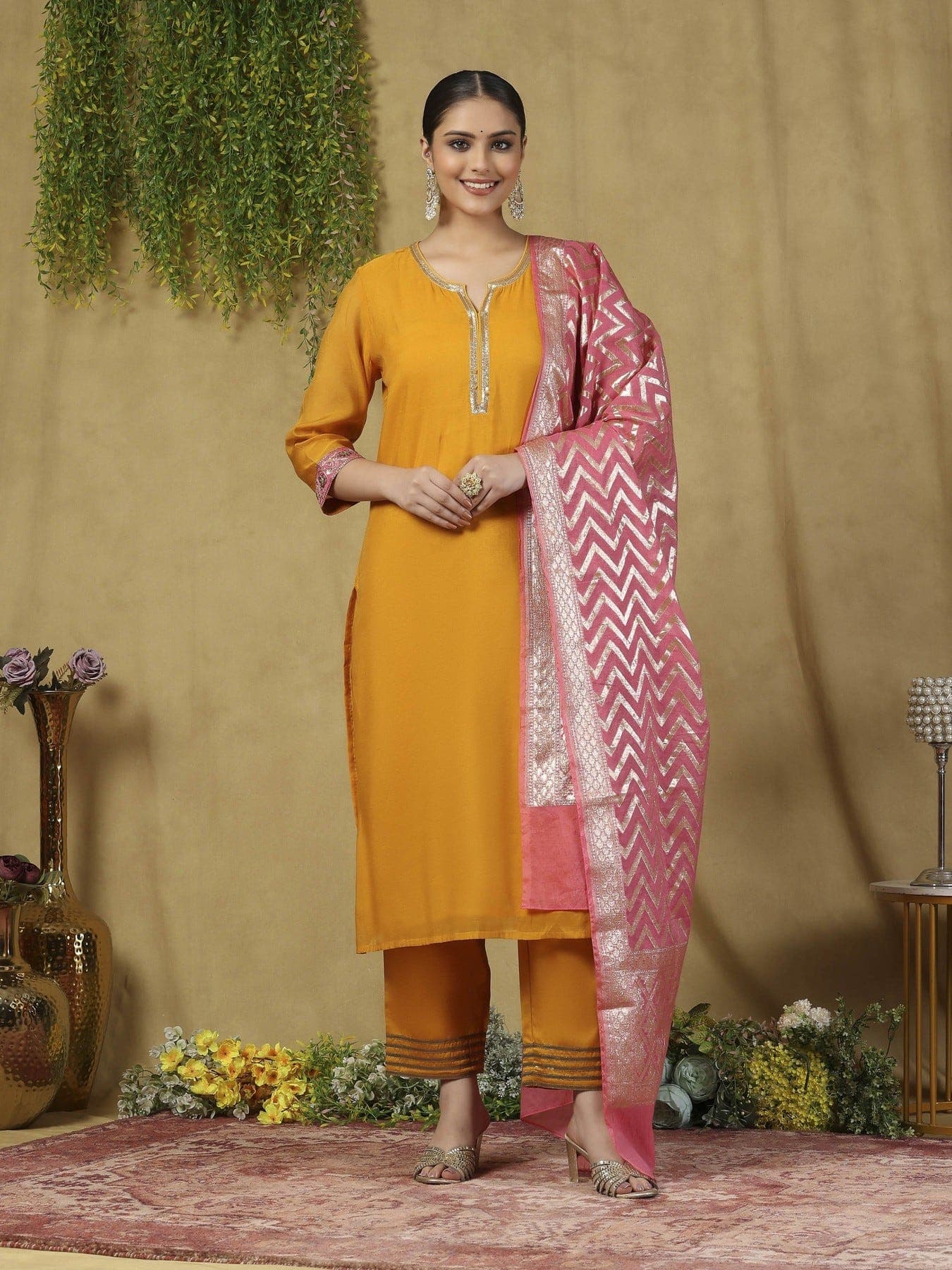 Women's Yellow Party Three Quarter Sleeves Kurta Sets With Dupatta