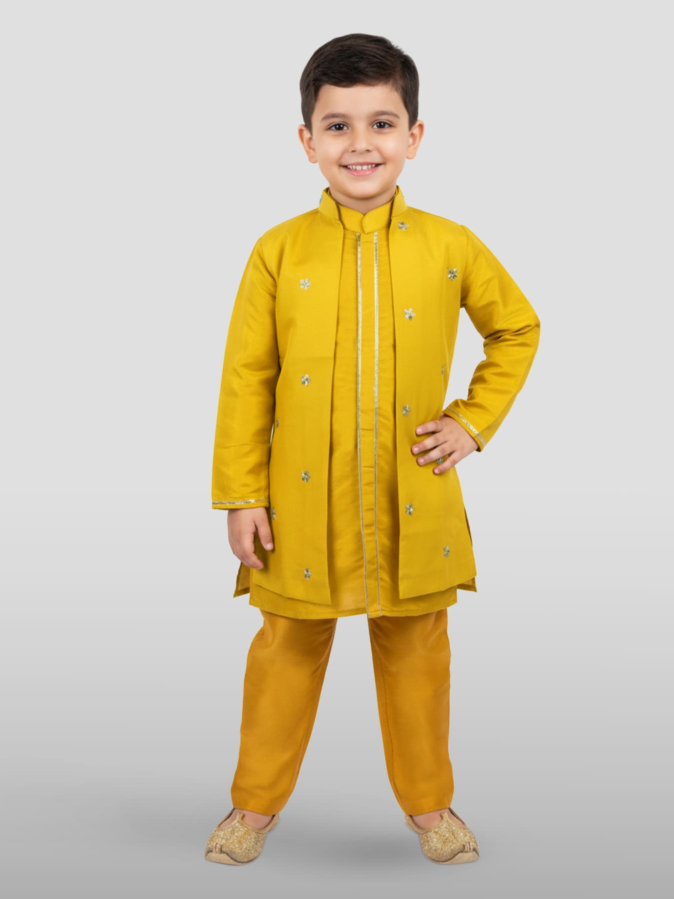 Boys Yellow Festive Printed Embroidered Full Sleeves Jacket, Kurta and Pyjama Set