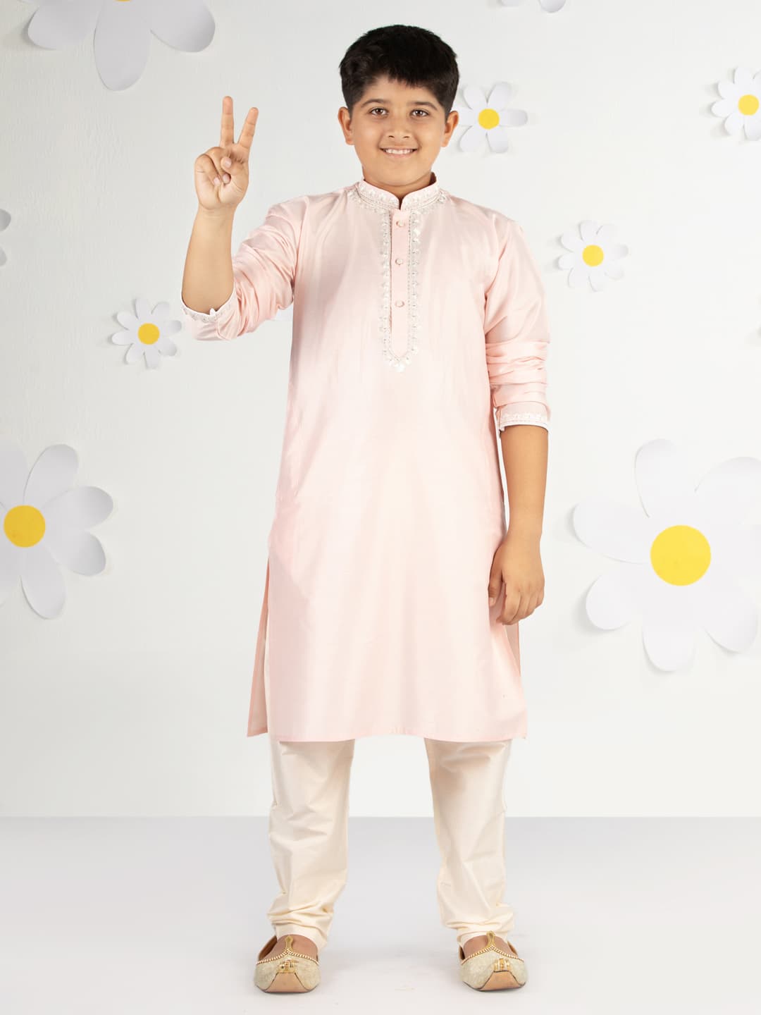 Boys Pink Festive Printed Embroidered Full Sleeves Kurta Kurta and Pyjama Set