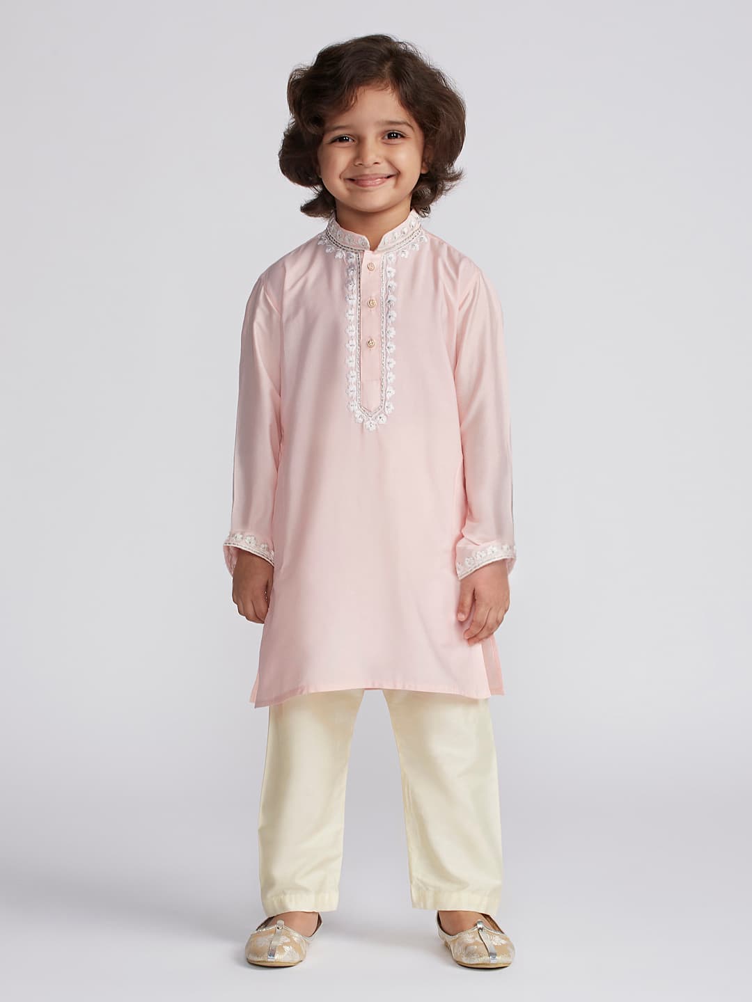 Boys Pink Festive Printed Embroidered Full Sleeves Kurta Kurta and Pyjama Set