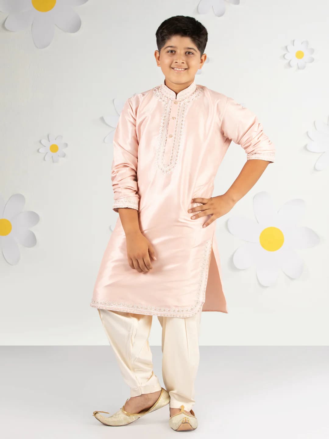 Boys Pink Festive Printed Embroidered Full Sleeves Kurta and Patiala Set