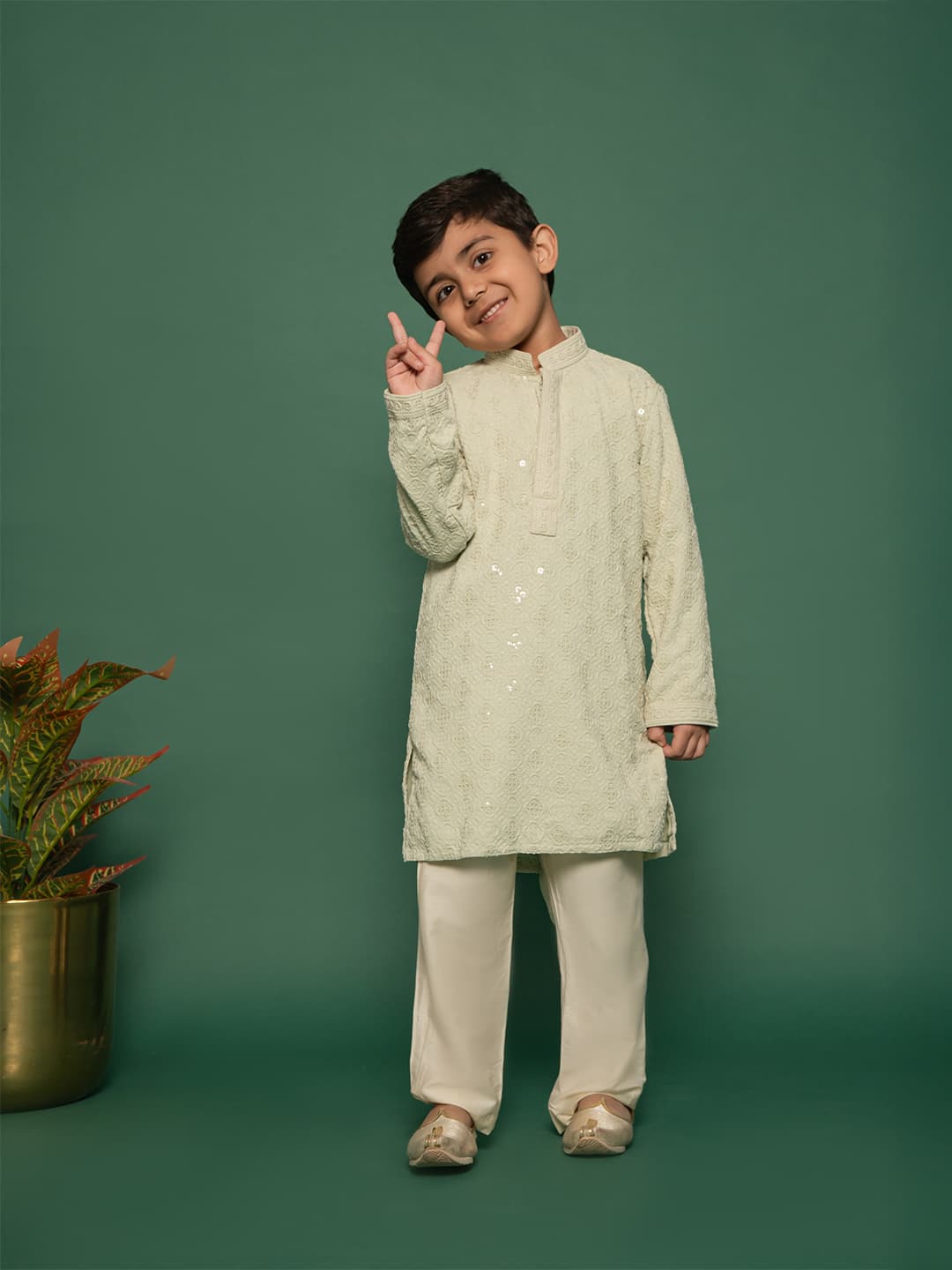 Boys Green Festive Printed Embroidered Full Sleeves Kurta and Pyjama Set