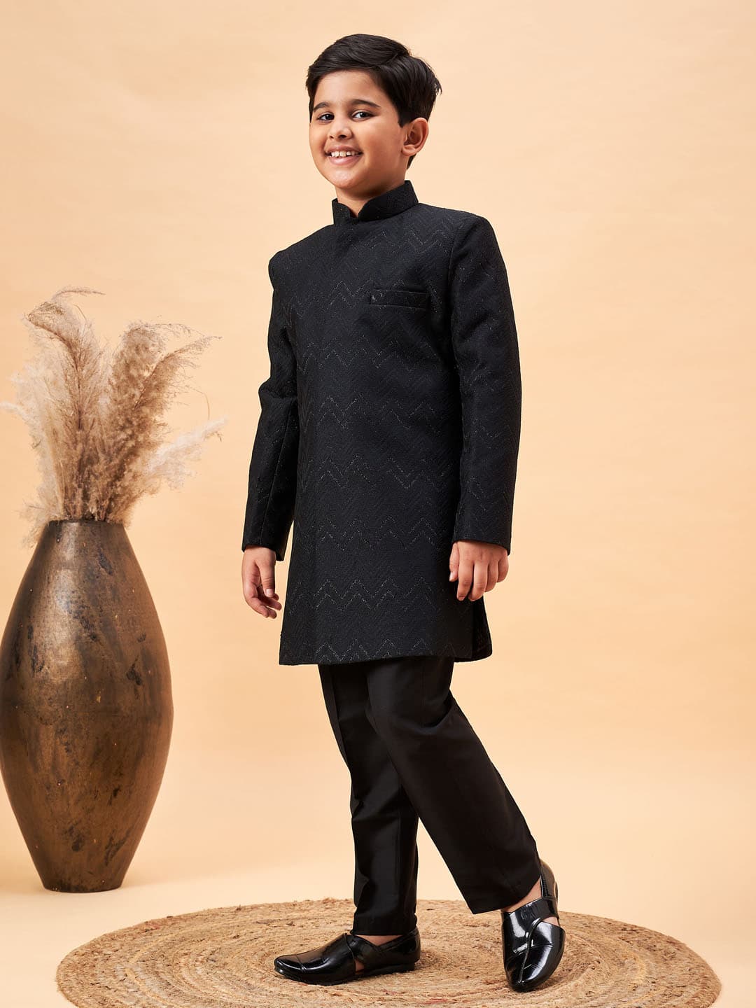 Boys Black Indo-Western and Pant Style Pyjama Set