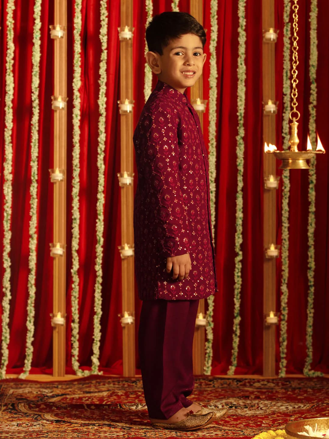 Boys Maroon Sherwani and Pyjama Set