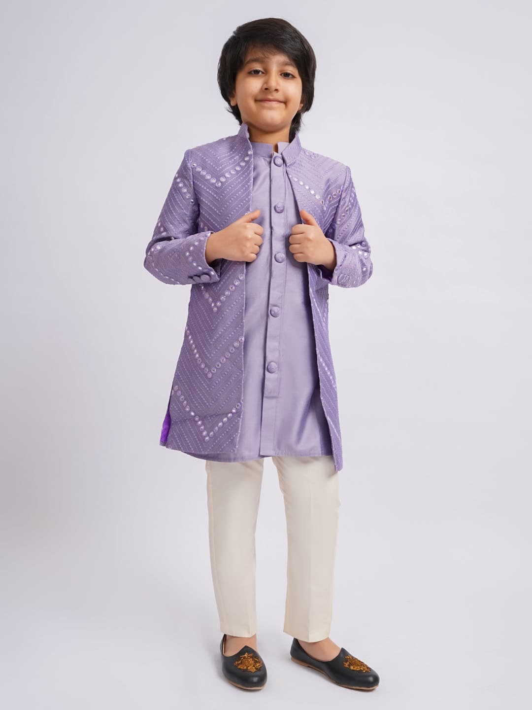 Boys Purple and Cream Mirror Work Front Open Sherwani Set with Pant Style Pyjama