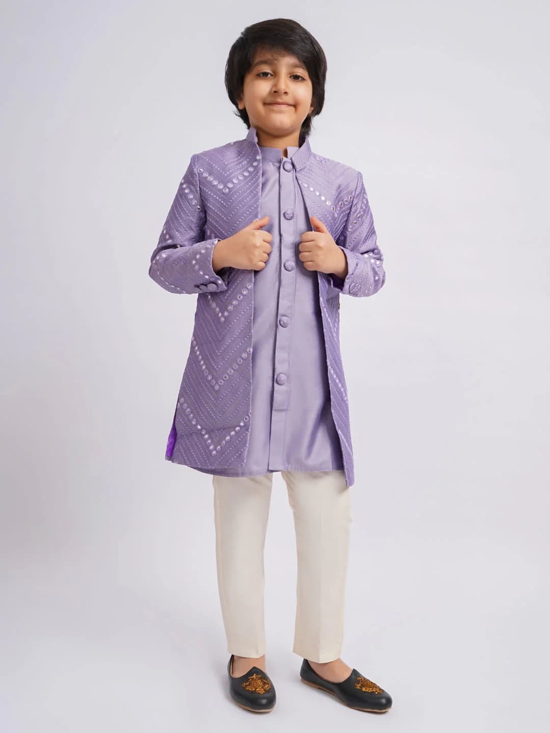 Boys Purple and Cream Mirror Work Front Open Sherwani Set with Pant Style Pyjama