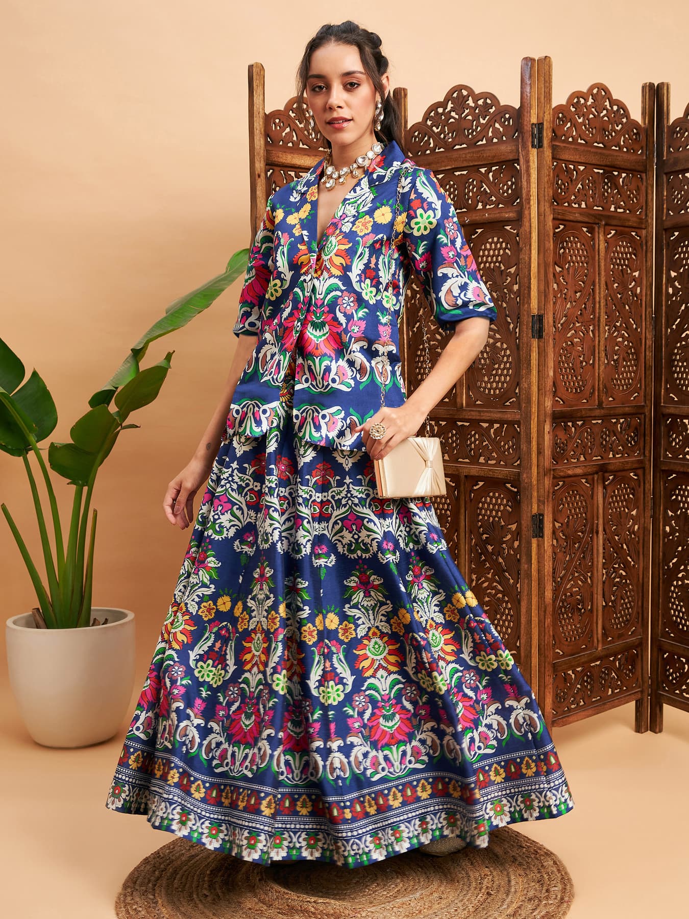 Women's Navy Festive Printed Half Sleeves Lehenga Choli