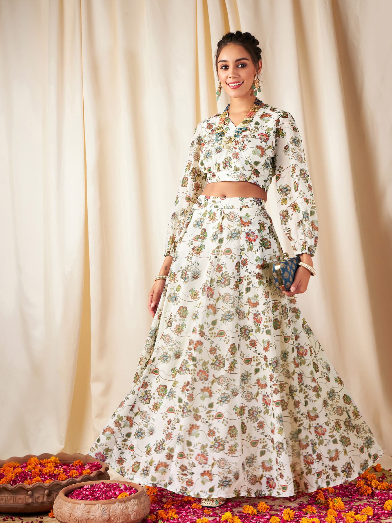Women's Beige Festive Printed Full Sleeves Lehenga Choli