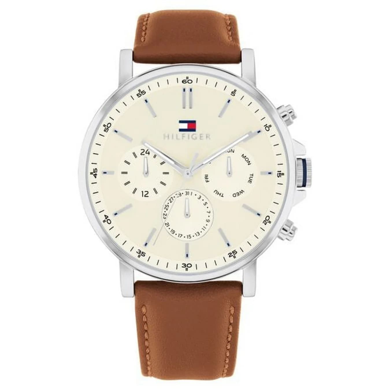 Men's Off White Stainless Steel Dial Analog Watch & Brown Leather Strap