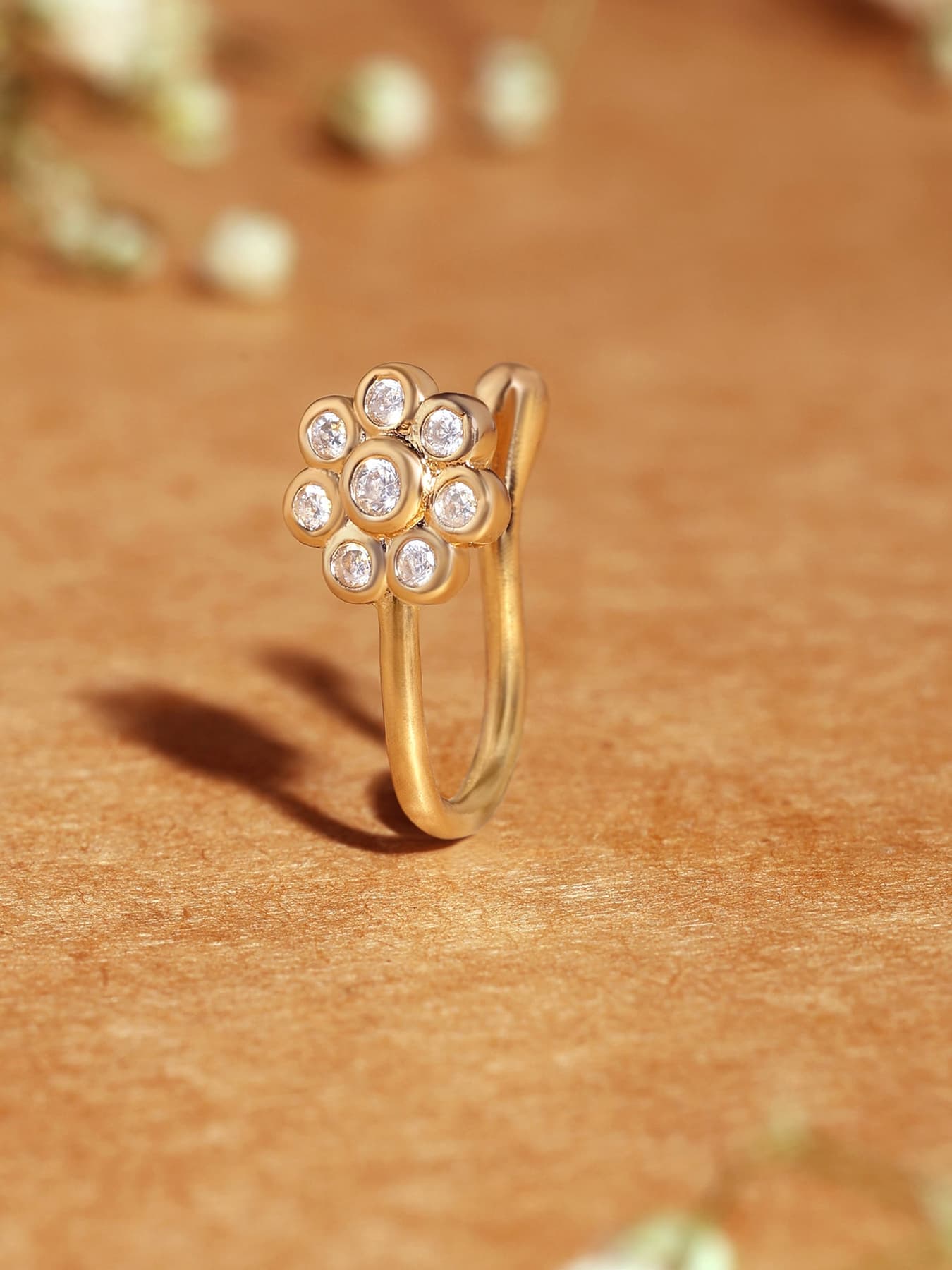 Women's Gold Tone Cubic Zirconia Flower Contemporary Brass Clip On Nose Pin
