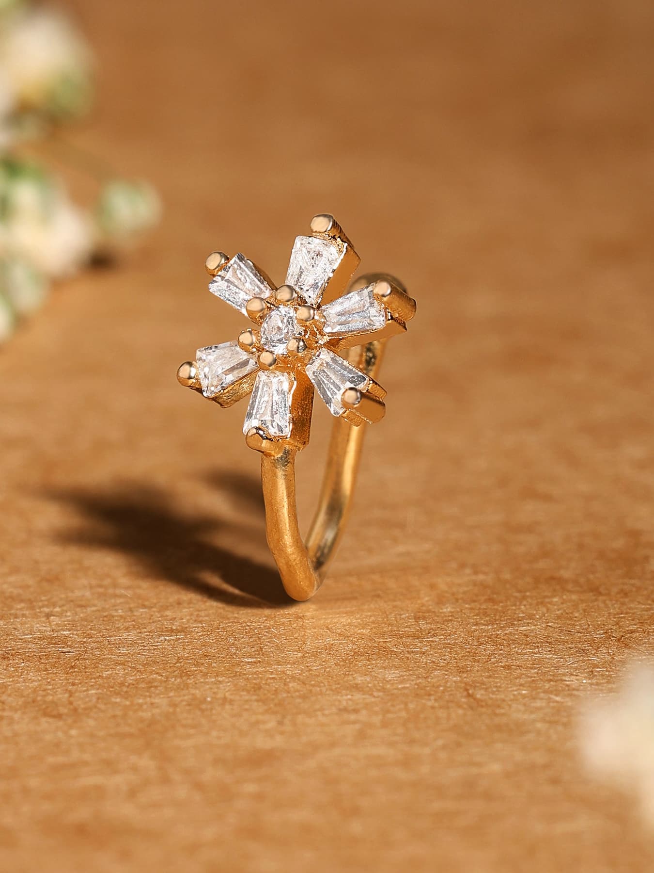 Women's Gold Tone Cubic Zirconia Flower Contemporary Brass Clip On Nose Pin