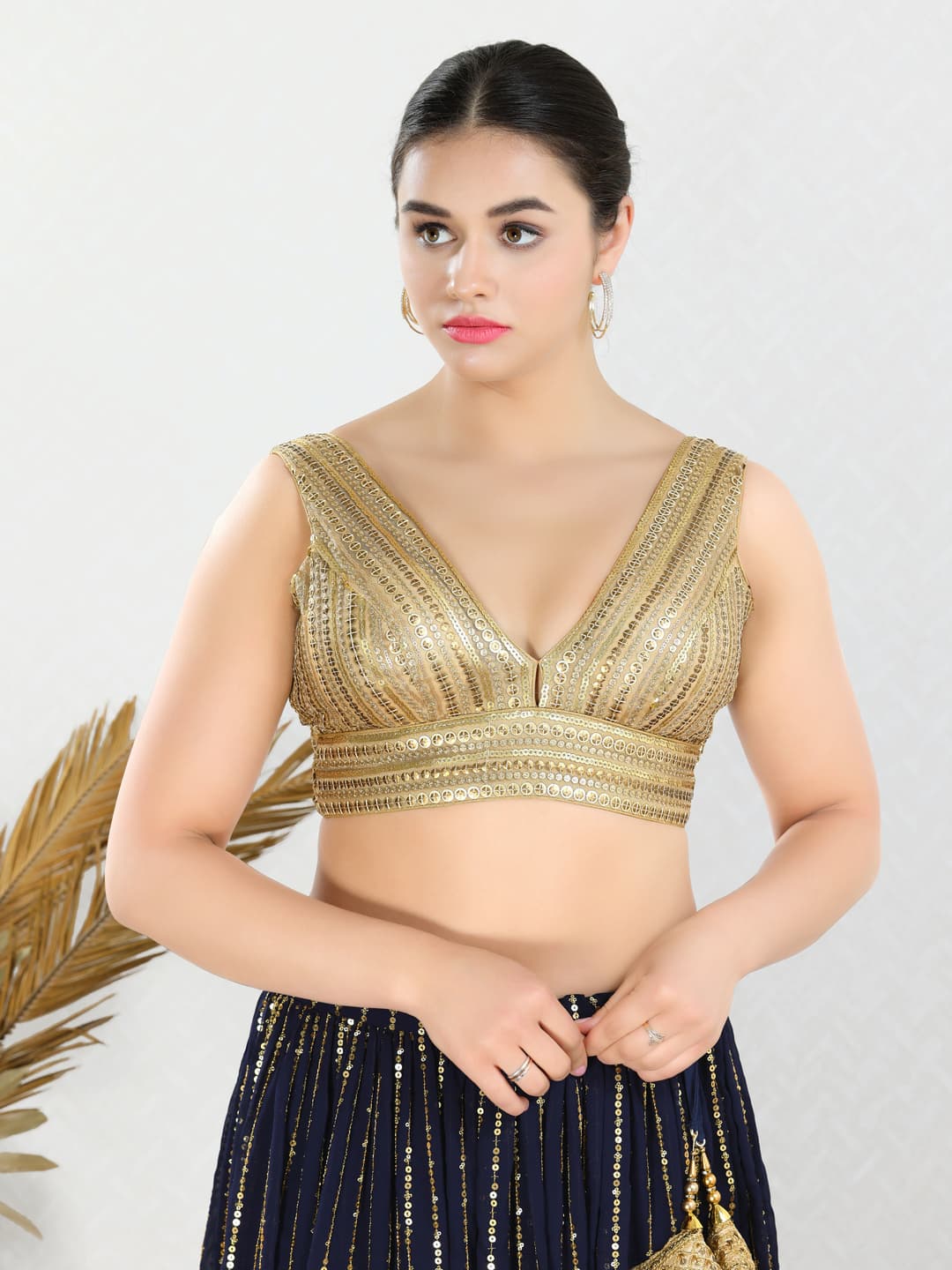 Women's Gold Festive Embroidered Padded Saree Blouse