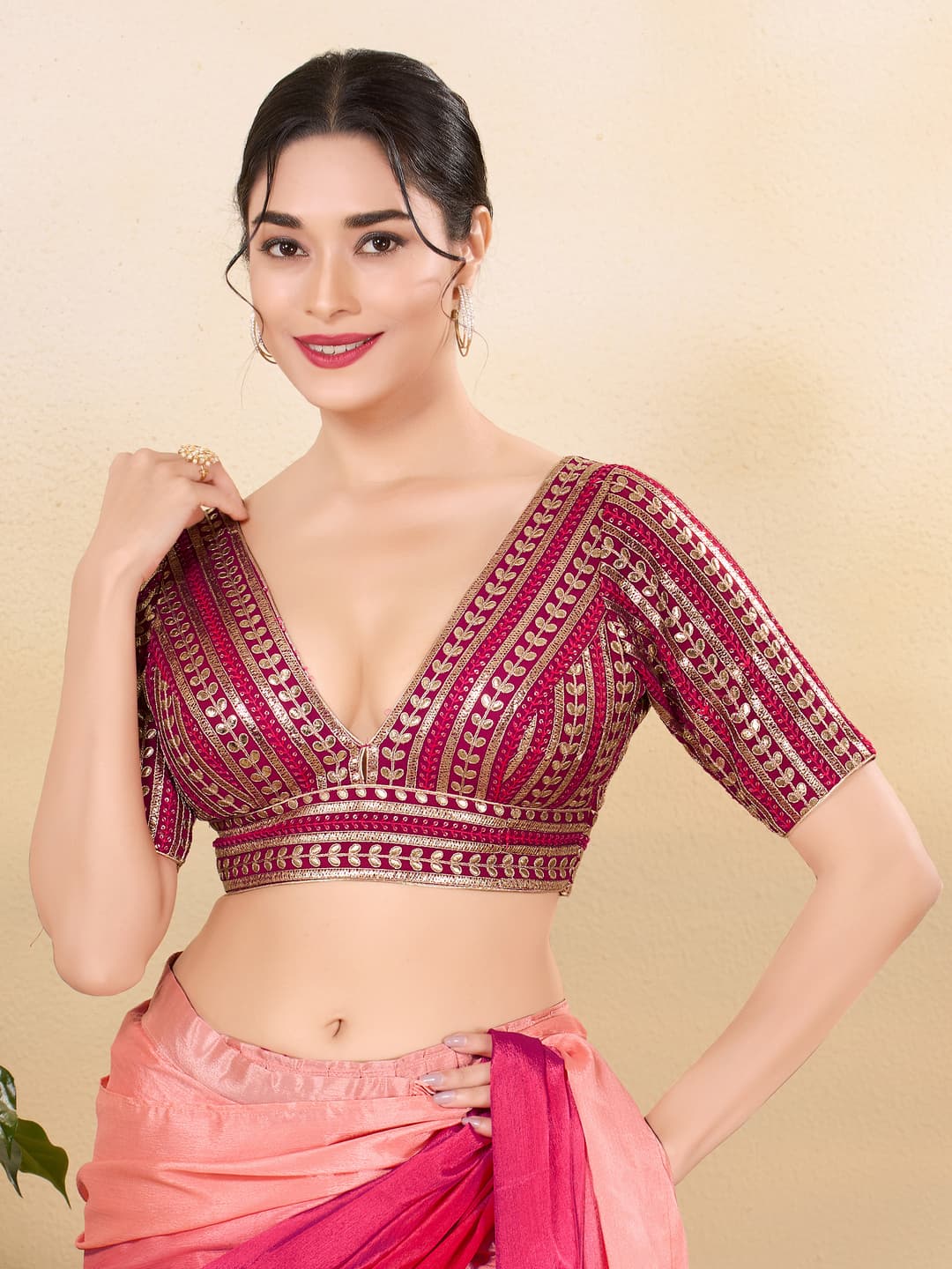 Women's Red Festive Embellished Padded Saree Blouse