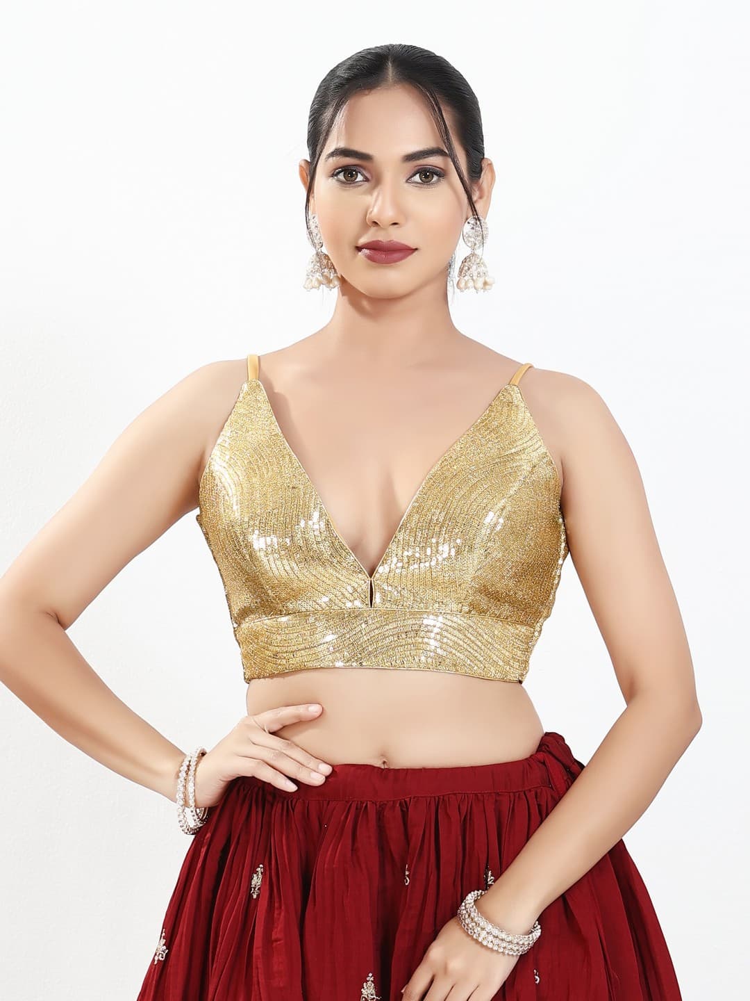 Women's Gold Festive Sequins Padded Saree Blouse