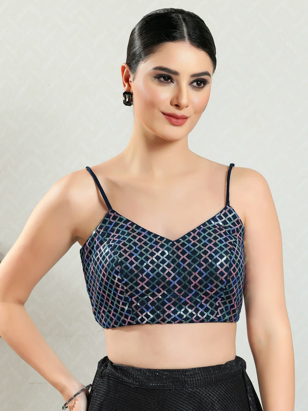 Women's Navy Festive Embellished Padded Saree Blouse