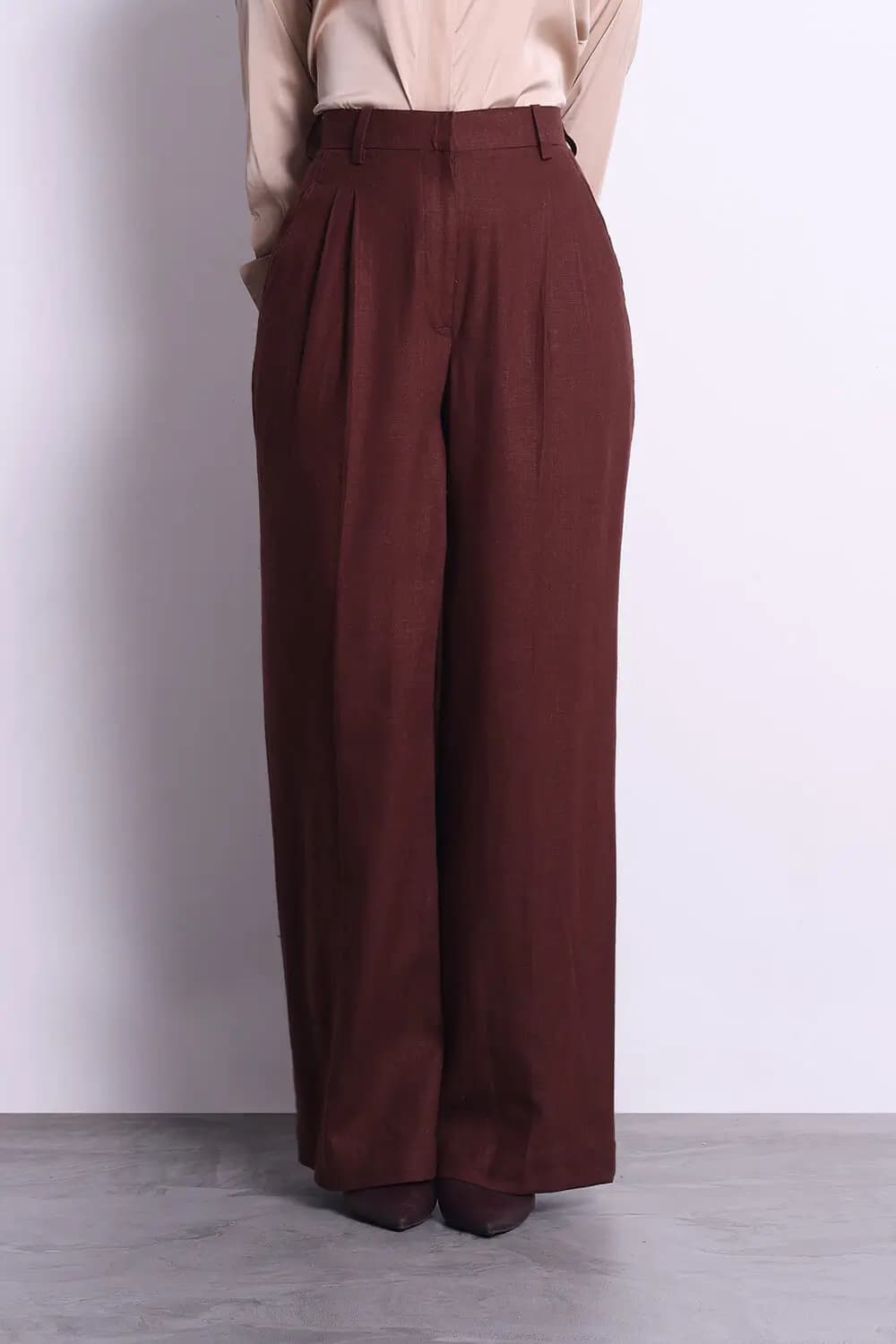 Women's Brown Formal Solid High Rise With Belt Loops Laidback Linen Pleat Pant