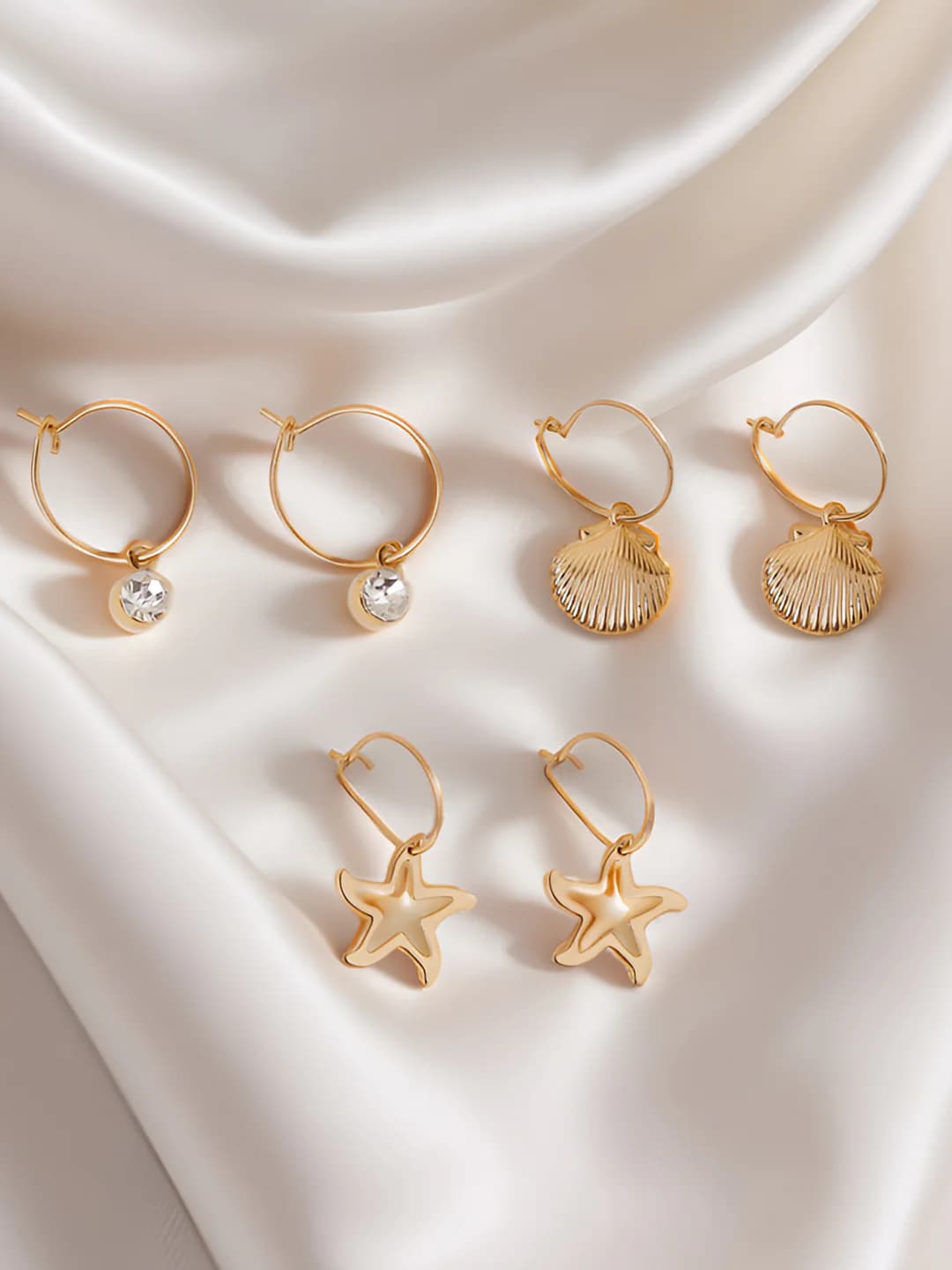 Women's Gold Shell Gem Hoop Earrings Pack of 3