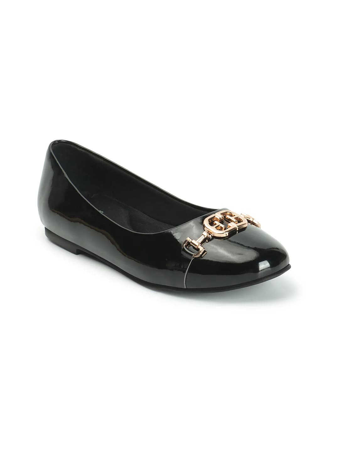 Women's Black Patent Finish Flat with Metallic Horsebit Hardware