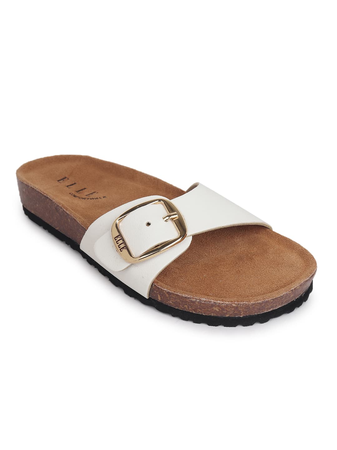 Women's White Bold Buckle Comfort Slide Sandal