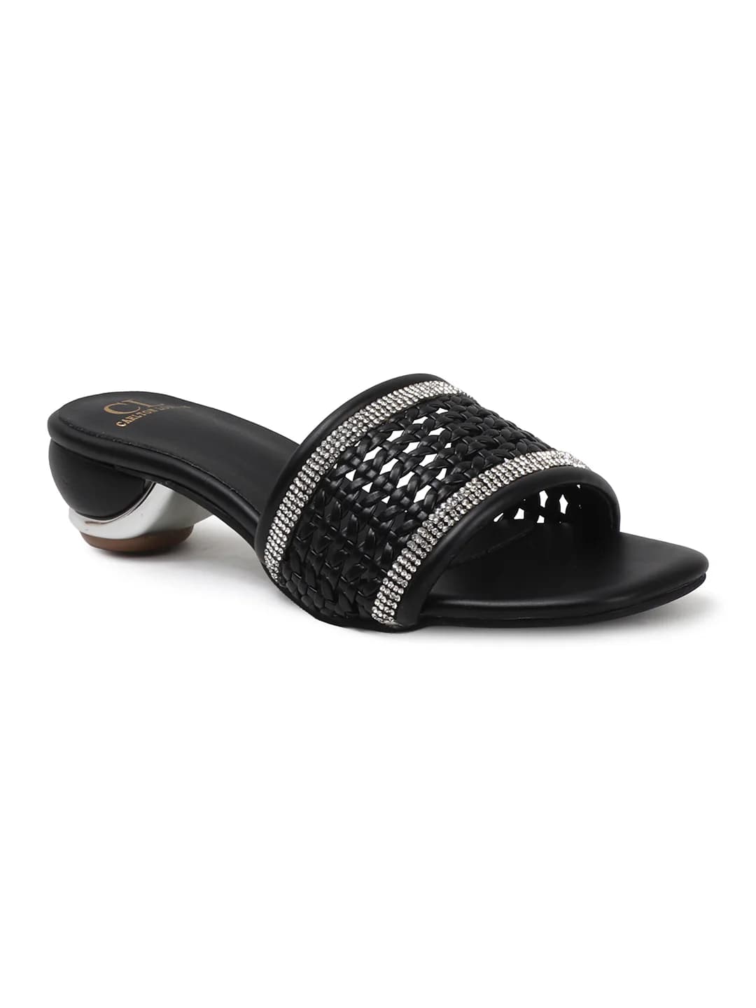 Women's Black Woven Rhinestone Sandal Textured Strap Low Sandals