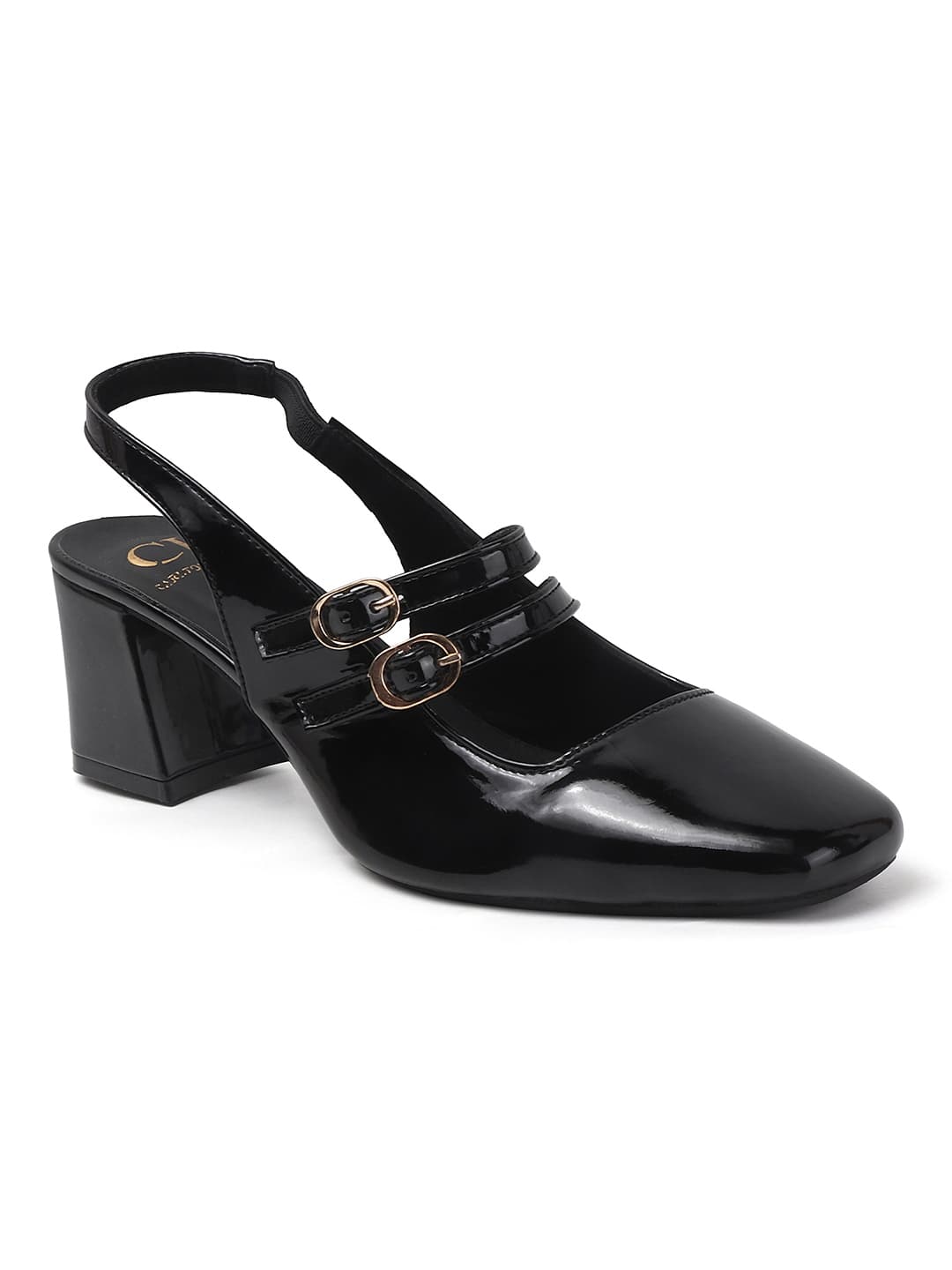 Women's Black Patent Block Heels Slingback Heels
