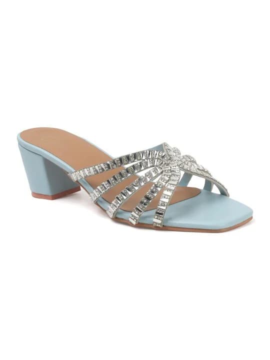 Women's Blue Stylish Multi-Strap Rhinestone Block Heels Sandals