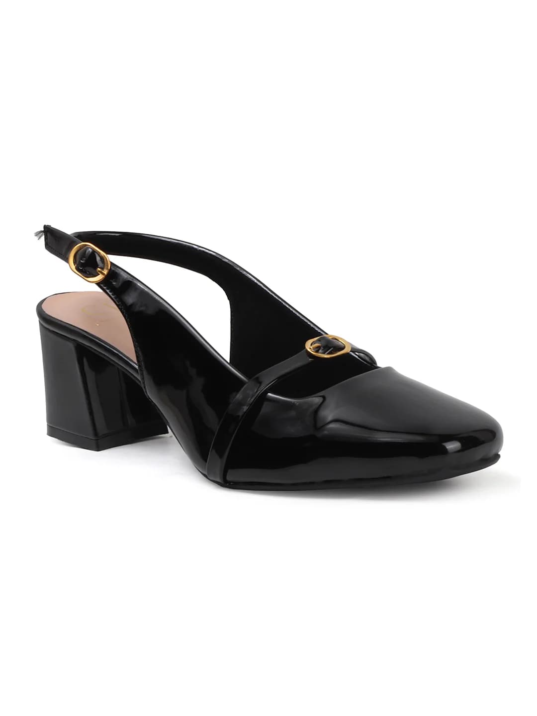 Women's Beige Patent Block Heels Slingback Heels